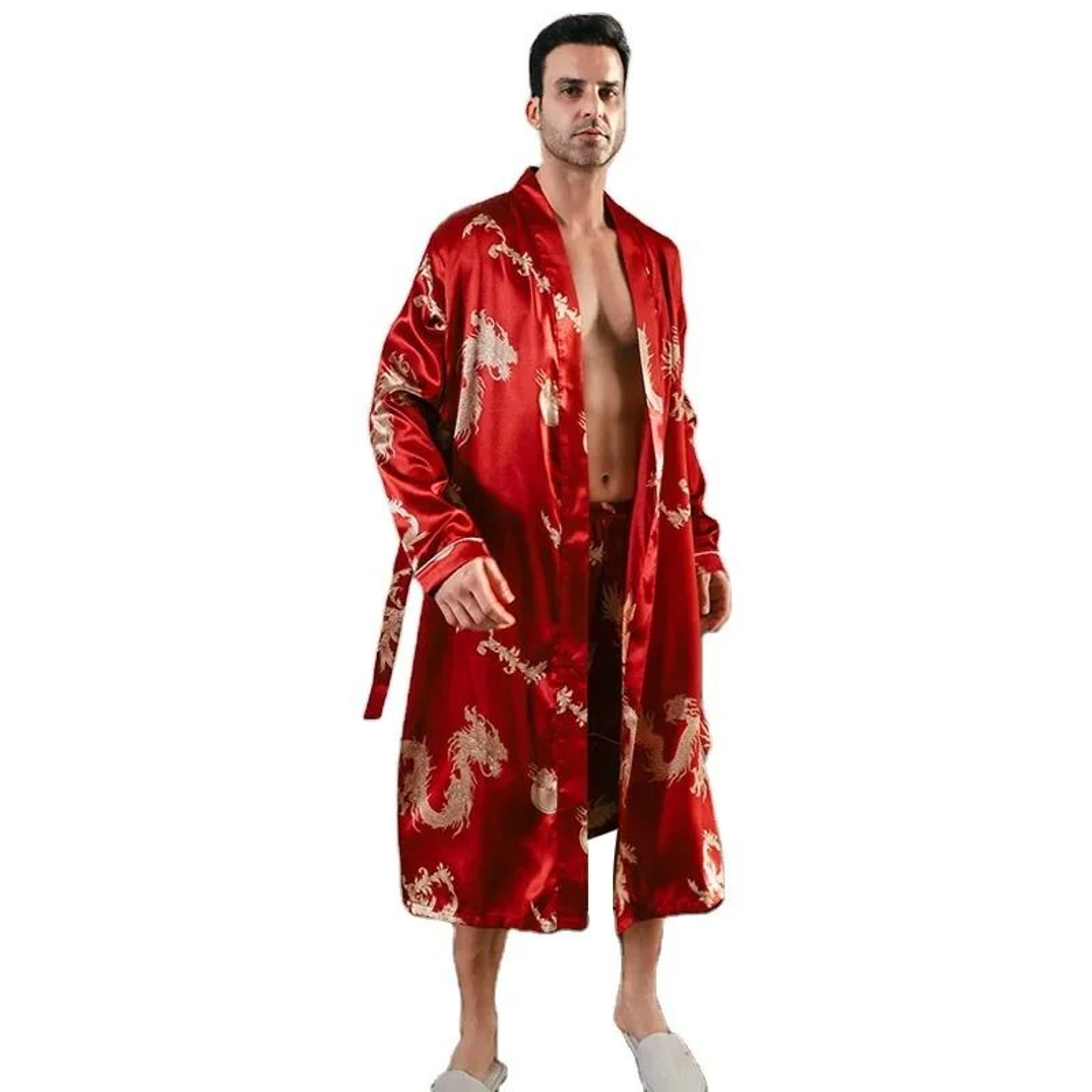 Mens Ice Silk LongSleeved Bathrobe  Lightweight Spring  Autumn Sleepwear 5