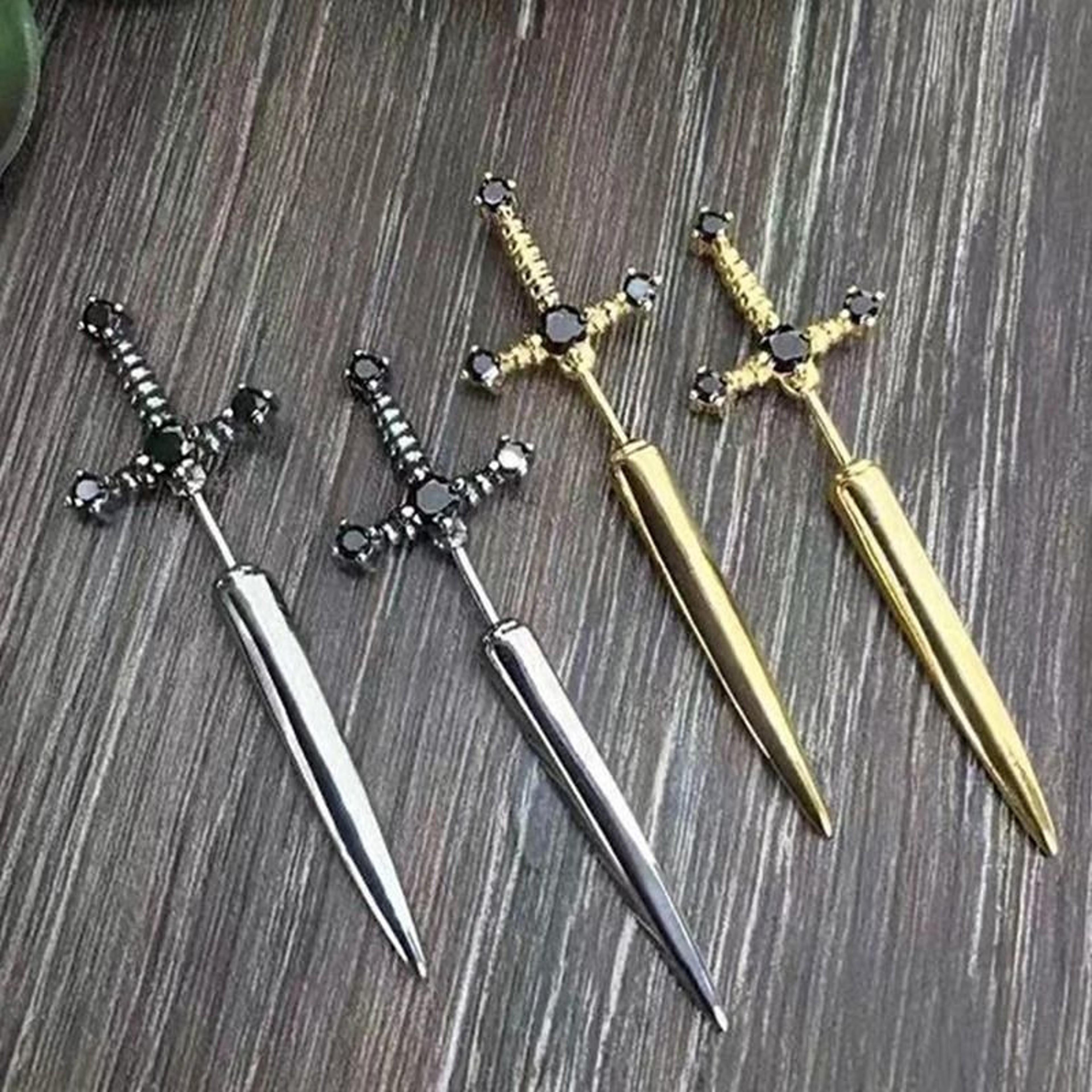 Hip Hop Cross Sword Crystal Stud Earrings 1