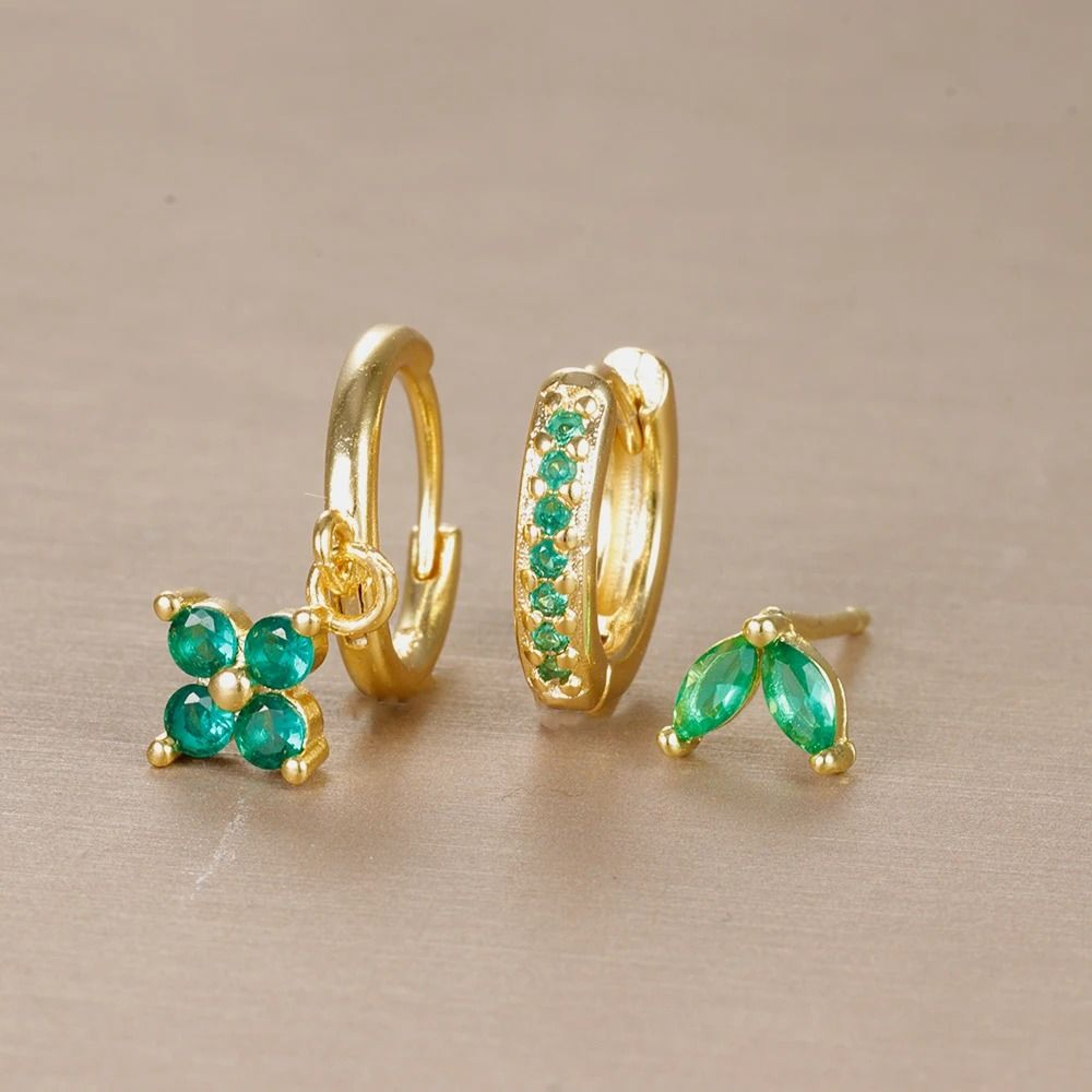 3Piece Green Crystal Stainless Steel Hoop Set 6