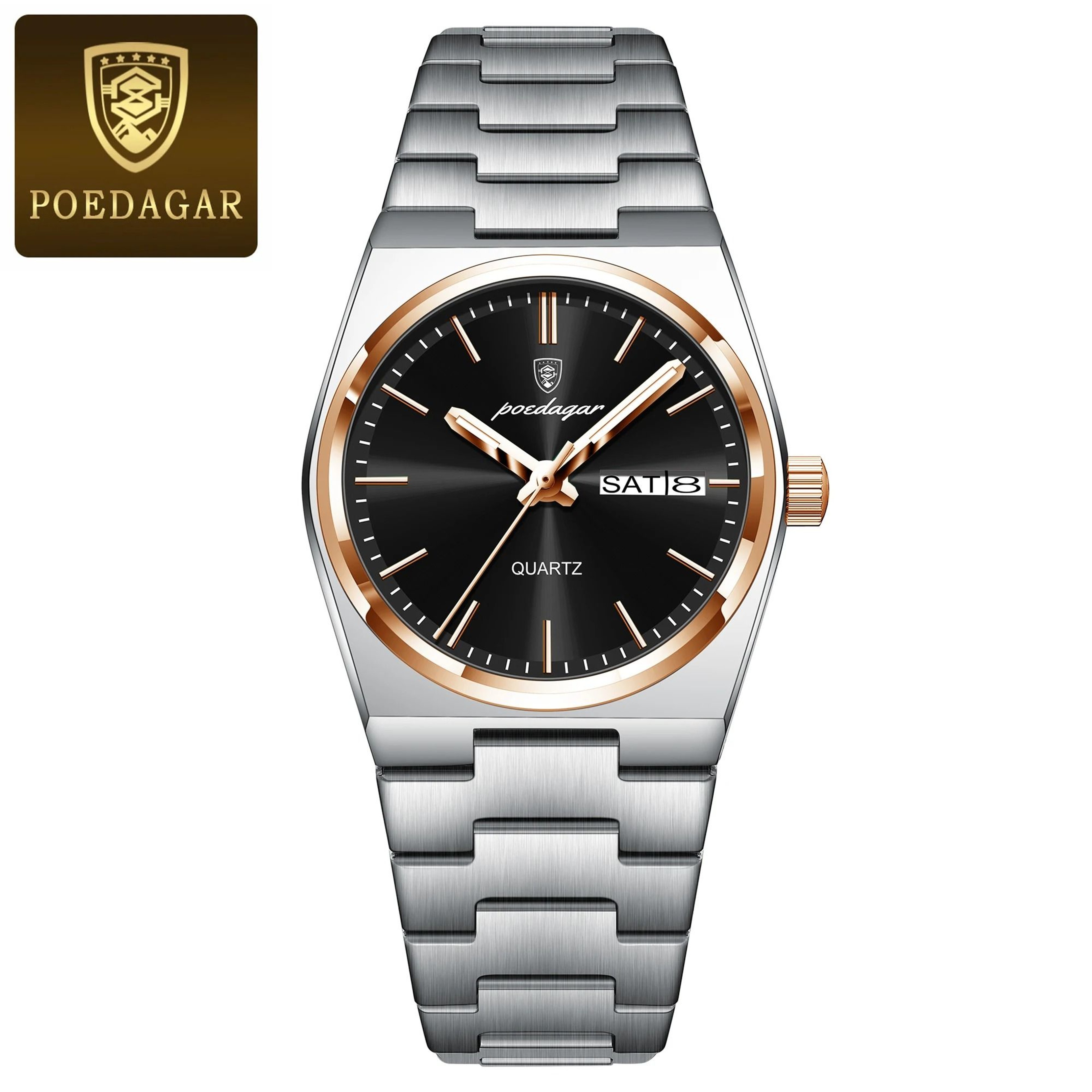 Stainless Steel Quartz Watch  Waterproof Luxury Timepiece With Date And Week Display For Women 12