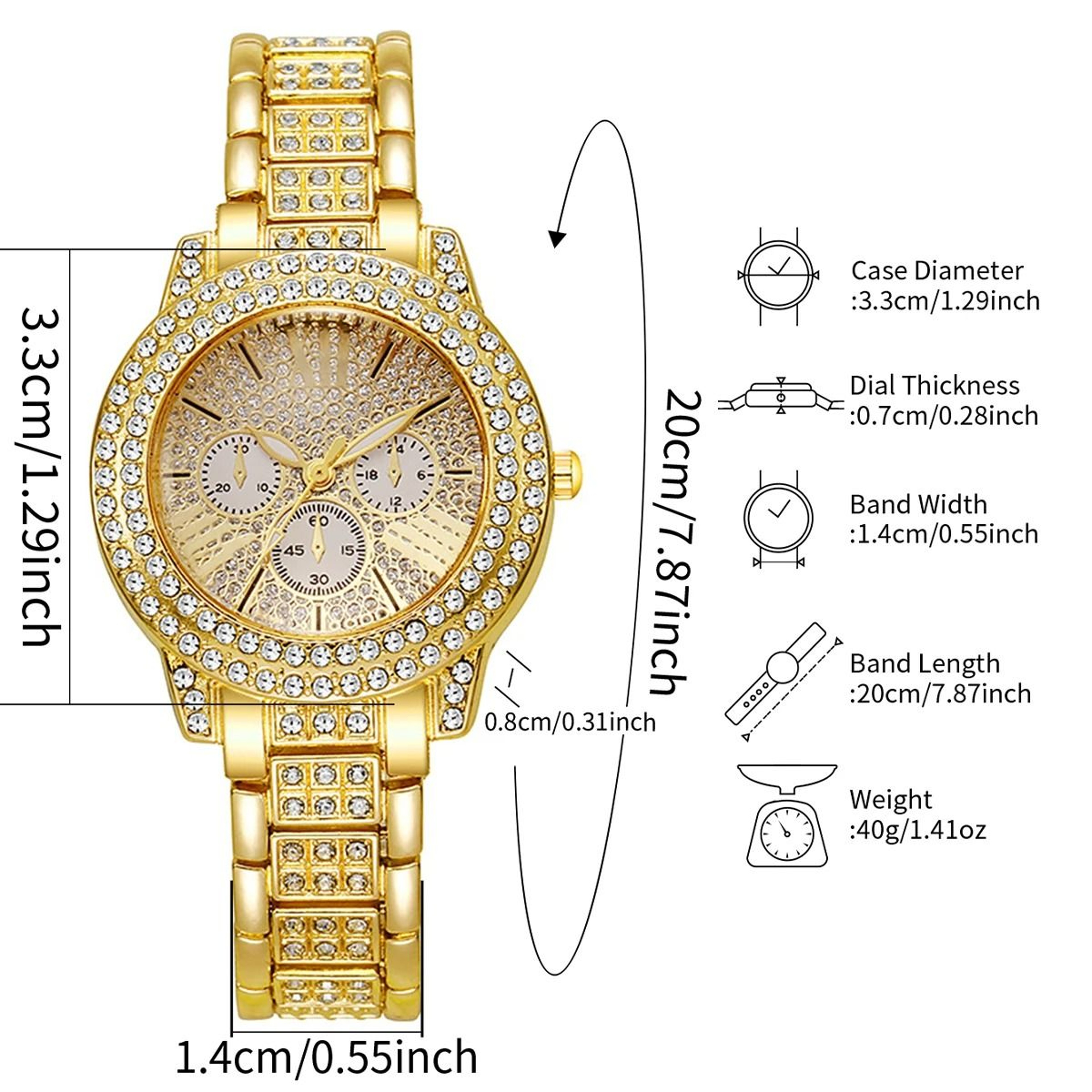 Luxury 6Piece Full Diamond Watch  Heart Jewelry Set  Elegant ThreeEye Dial Timepiece And Matching A