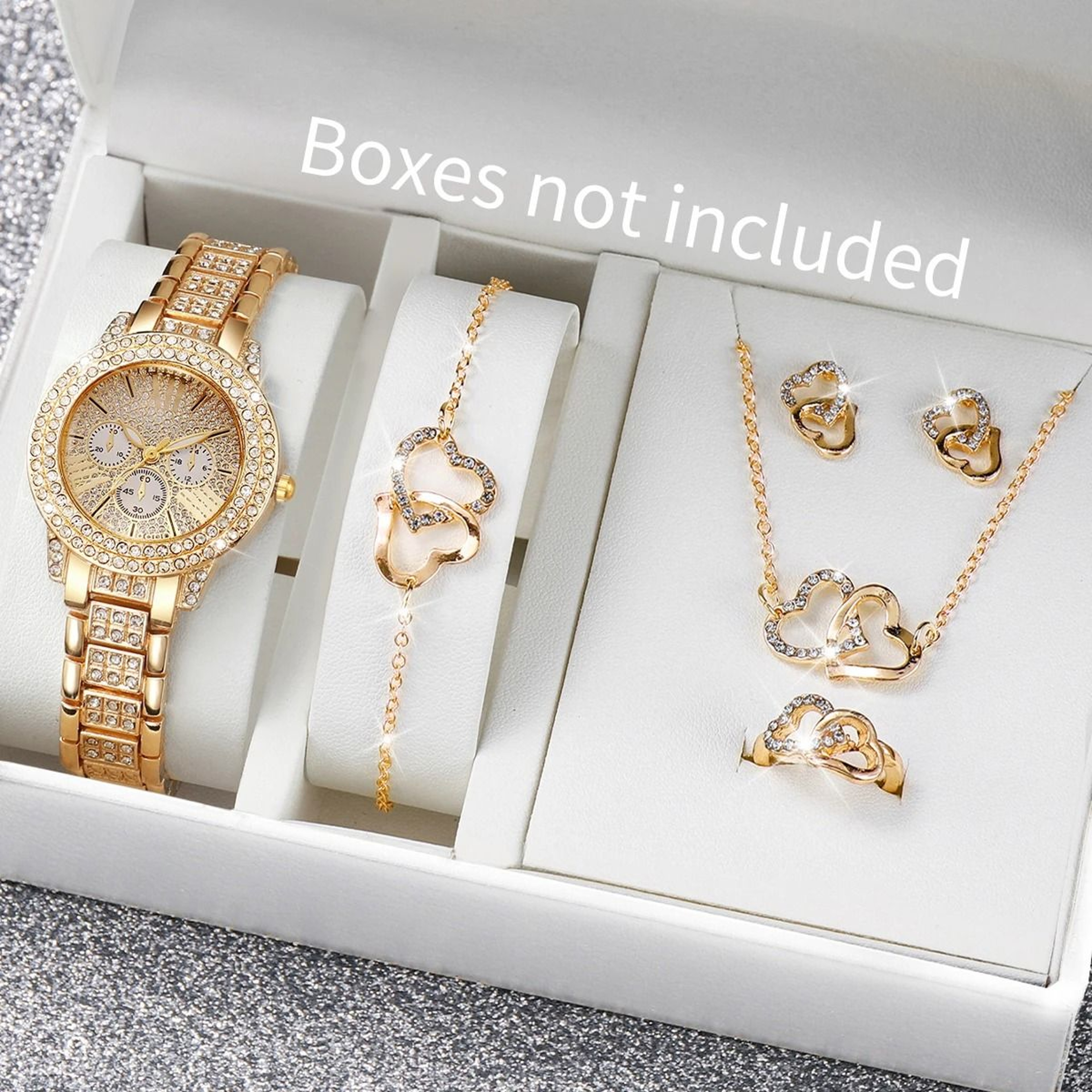 Luxury 6Piece Full Diamond Watch  Heart Jewelry Set  Elegant ThreeEye Dial Timepiece And Matching A