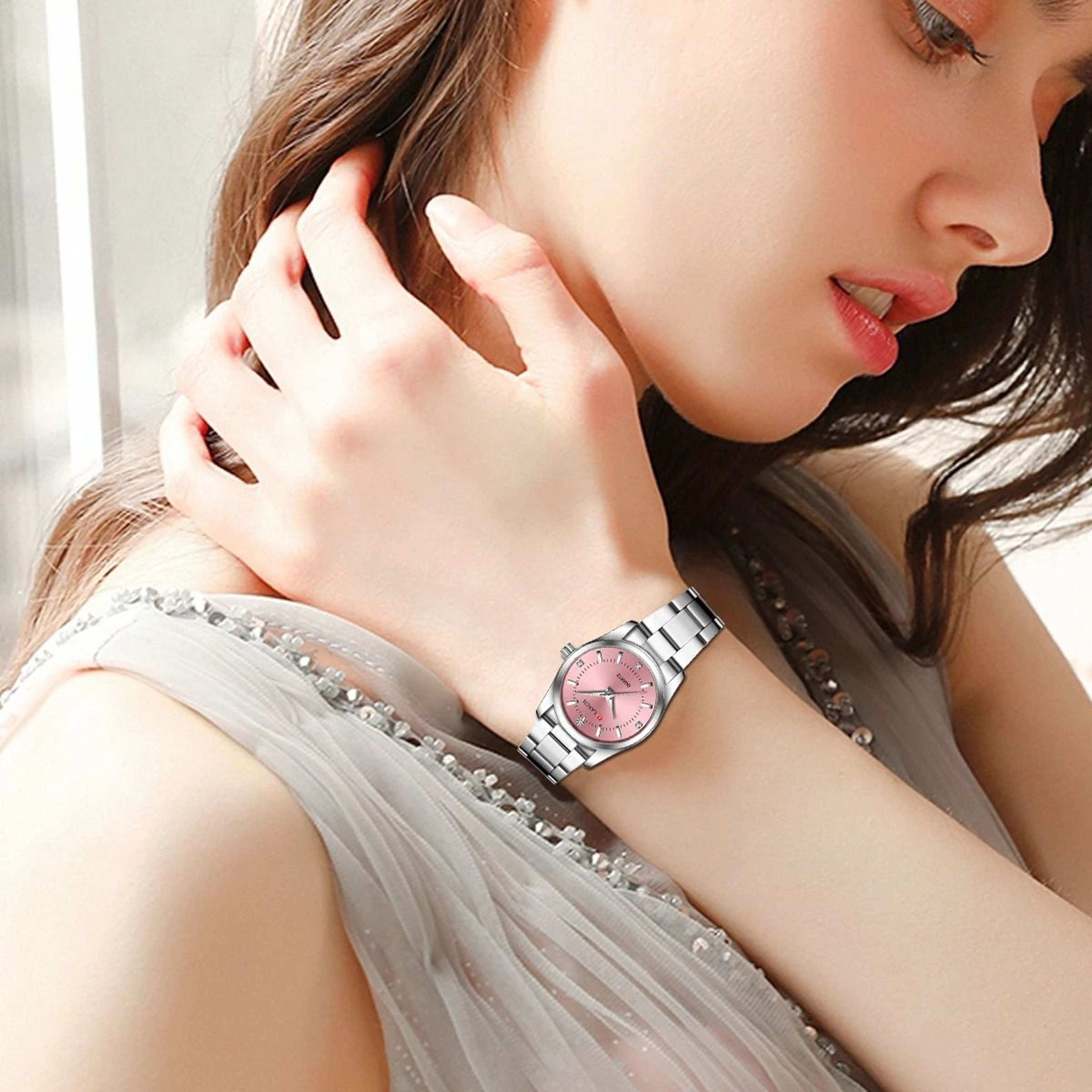 Rhinestone Minimalist Watch  Fashionable Stainless Steel Pink Dial Timepiece For Outdoor And Travel 4