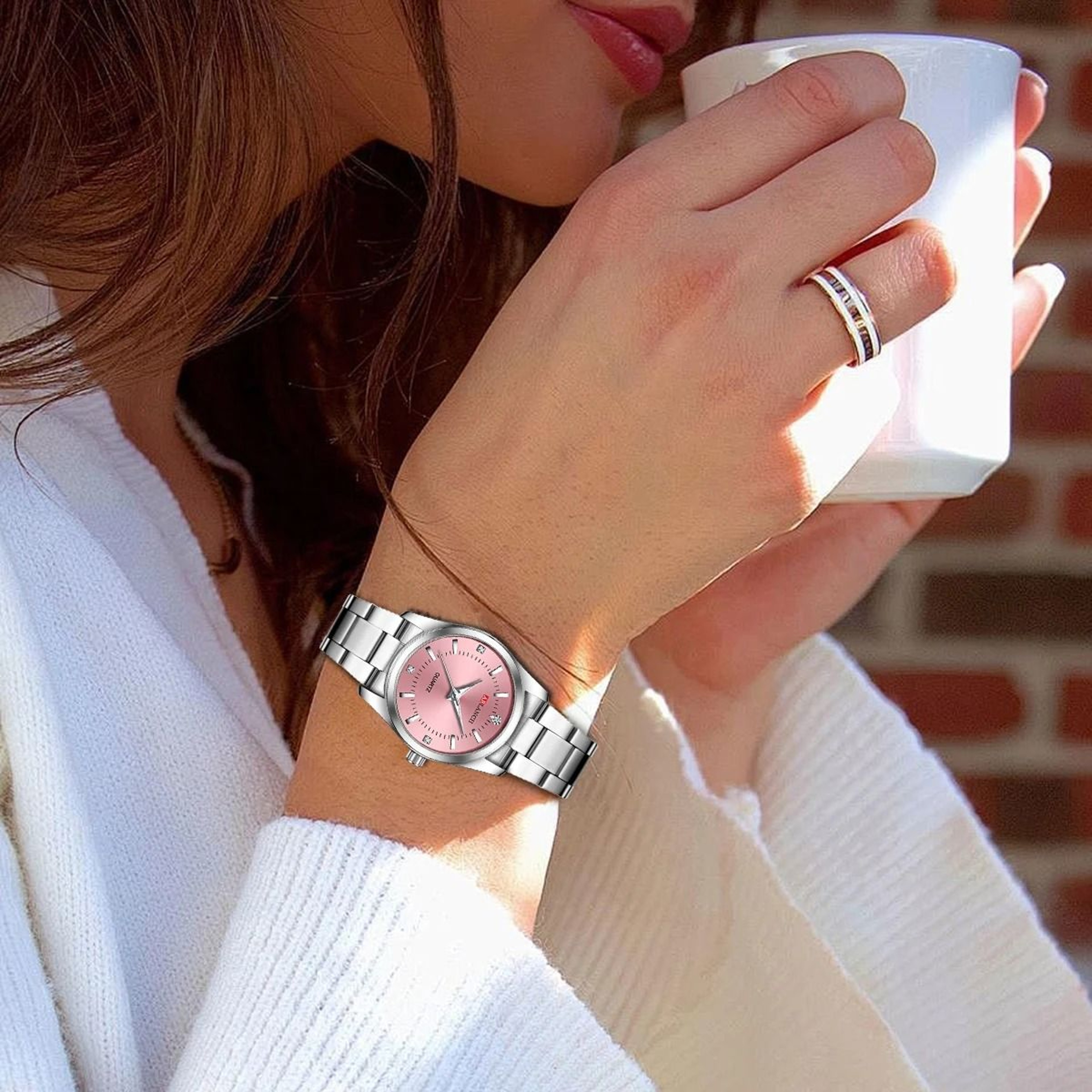 Rhinestone Minimalist Watch  Fashionable Stainless Steel Pink Dial Timepiece For Outdoor And Travel 5