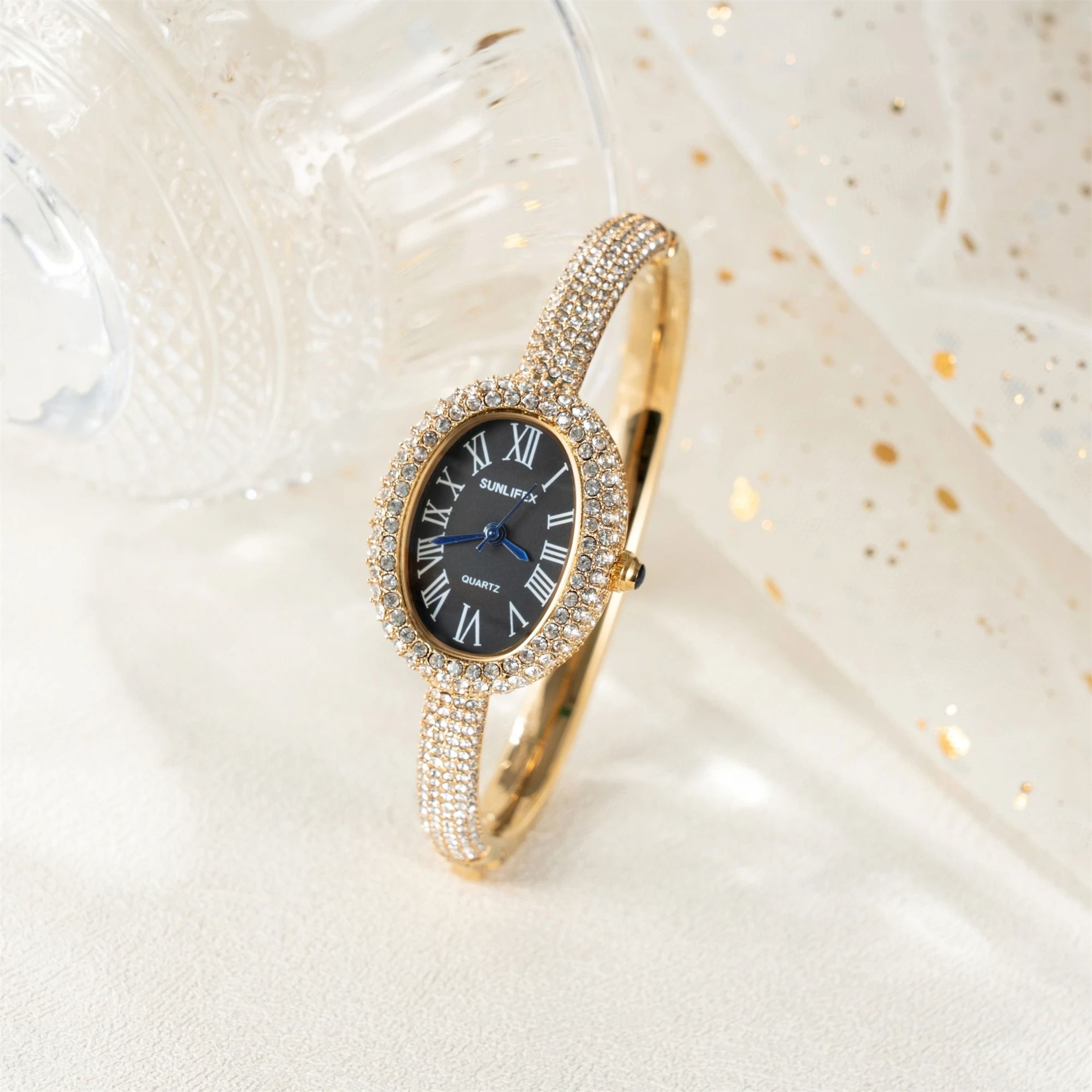 Elegant Oval Rhinestone Bracelet Watch  Luxury Roman Numeral Waterproof Quartz Timepiece For Women 1