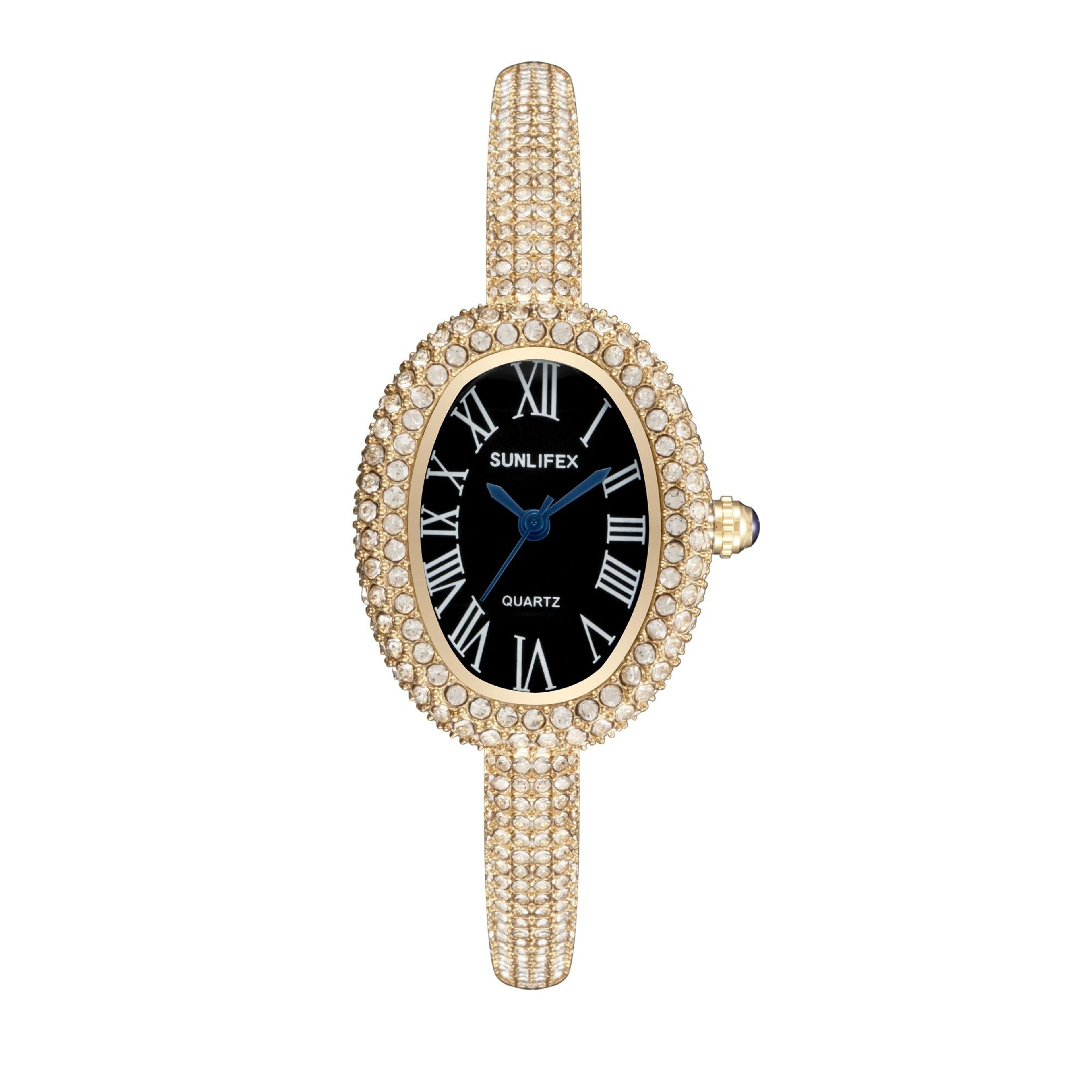 Elegant Oval Rhinestone Bracelet Watch  Luxury Roman Numeral Waterproof Quartz Timepiece For Women 9