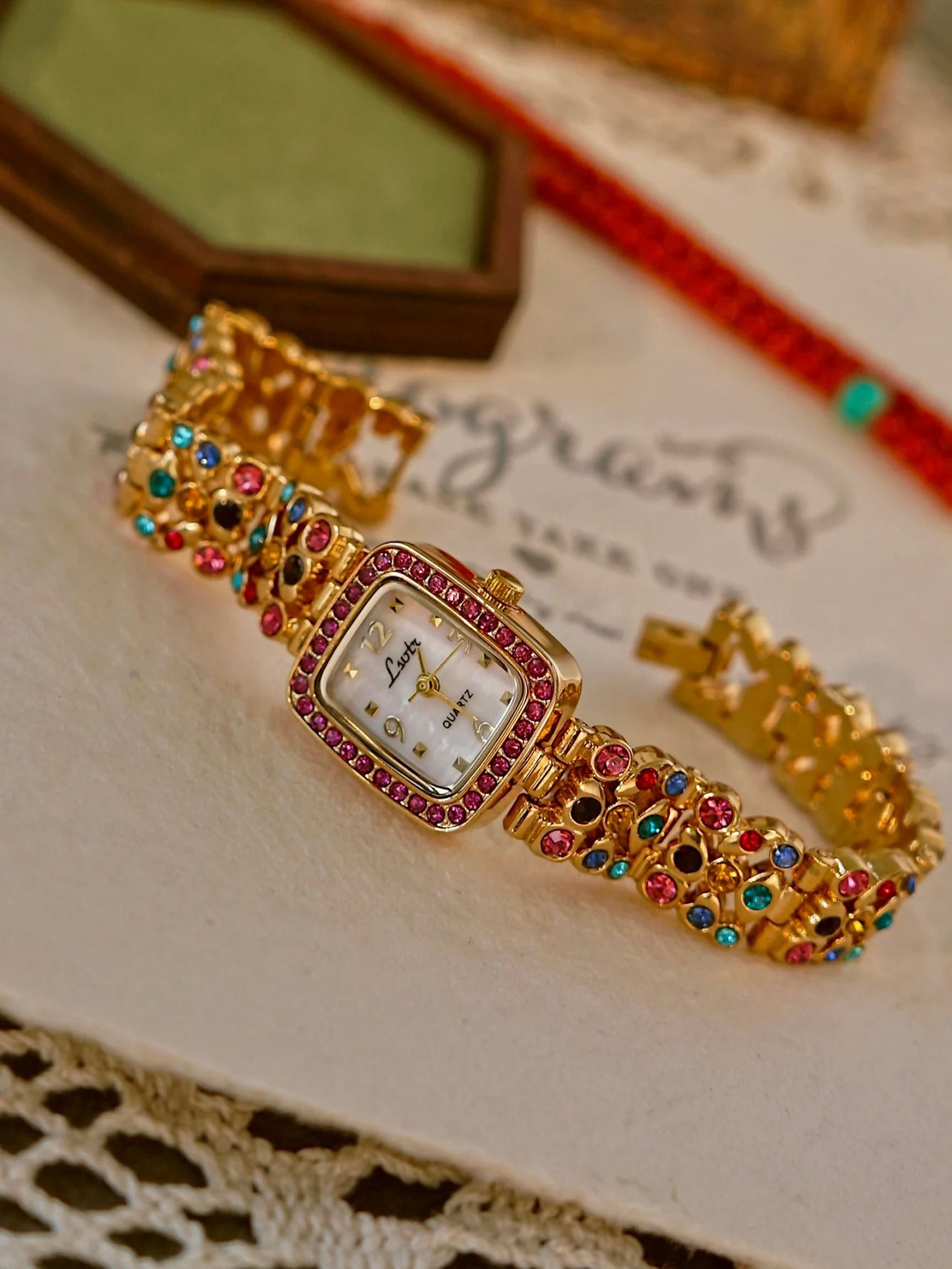 French Elegance Colorful Gemstone Watch  Luxury MotherofPearl Square Timepiece With 30m Waterproofi 0