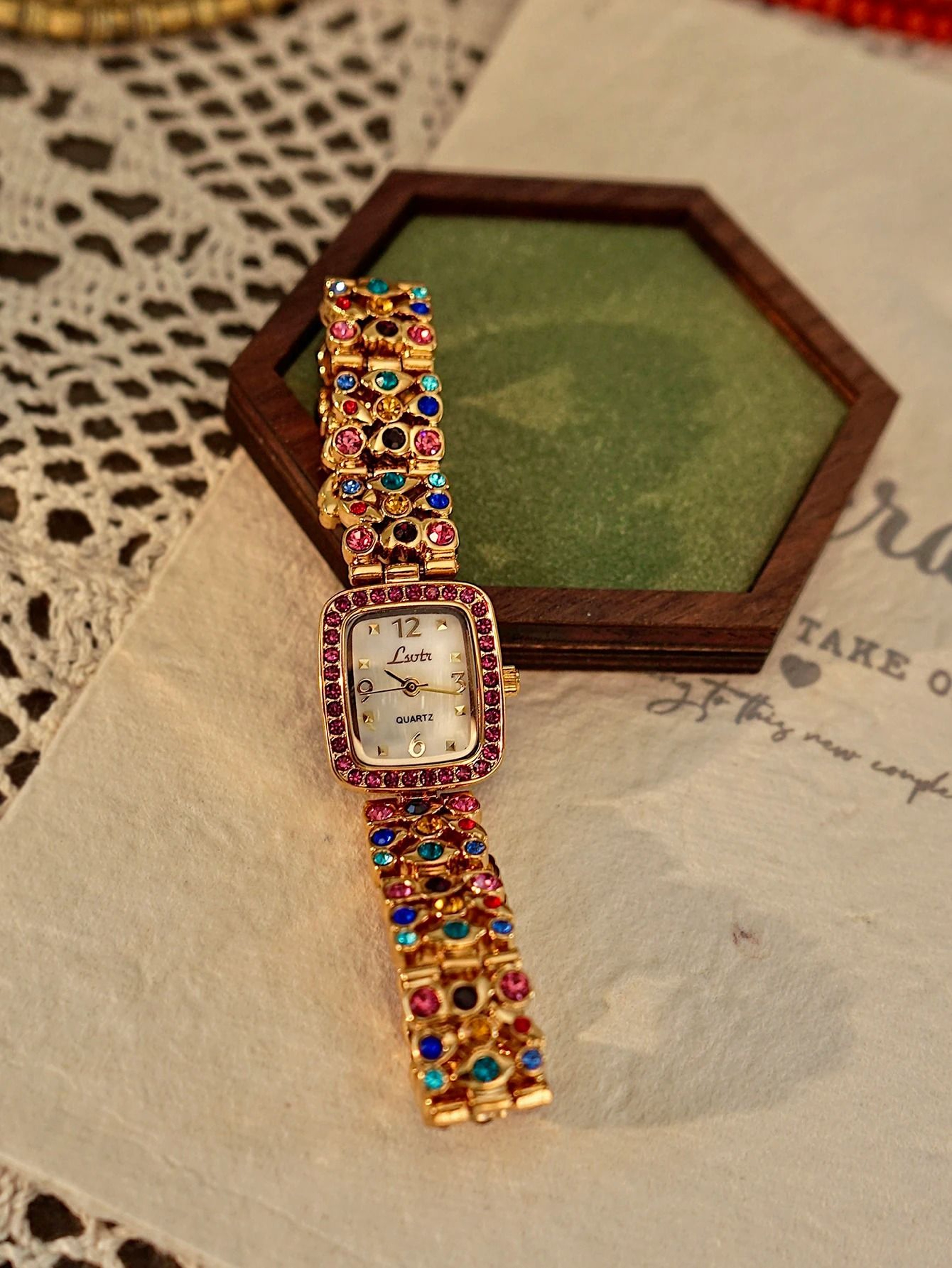 French Elegance Colorful Gemstone Watch  Luxury MotherofPearl Square Timepiece With 30m Waterproofi 3