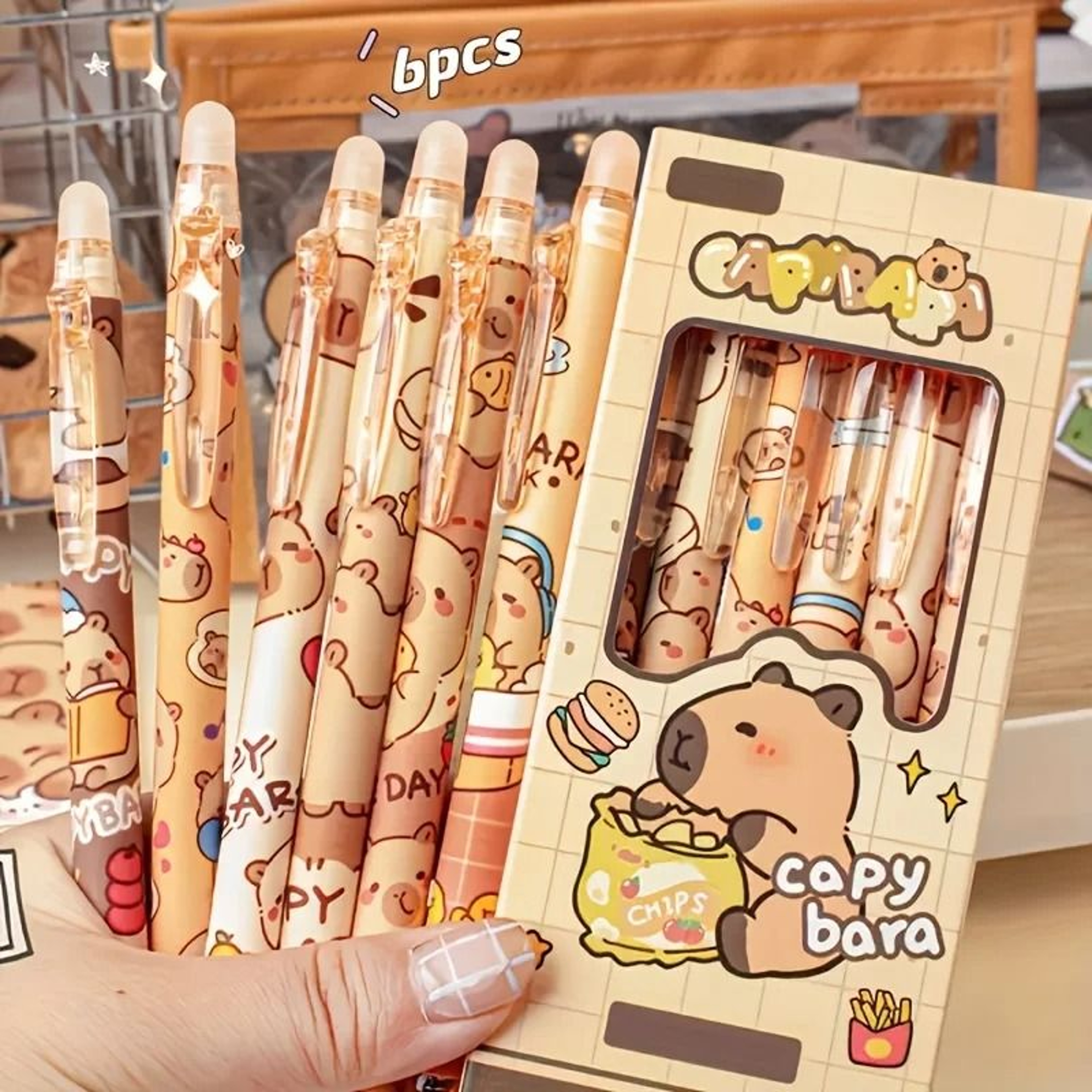 6Piece Cute Capybara Erasable Gel Pen Set  05mm Retractable Blue Ink For Effortless Writing  Editin 0
