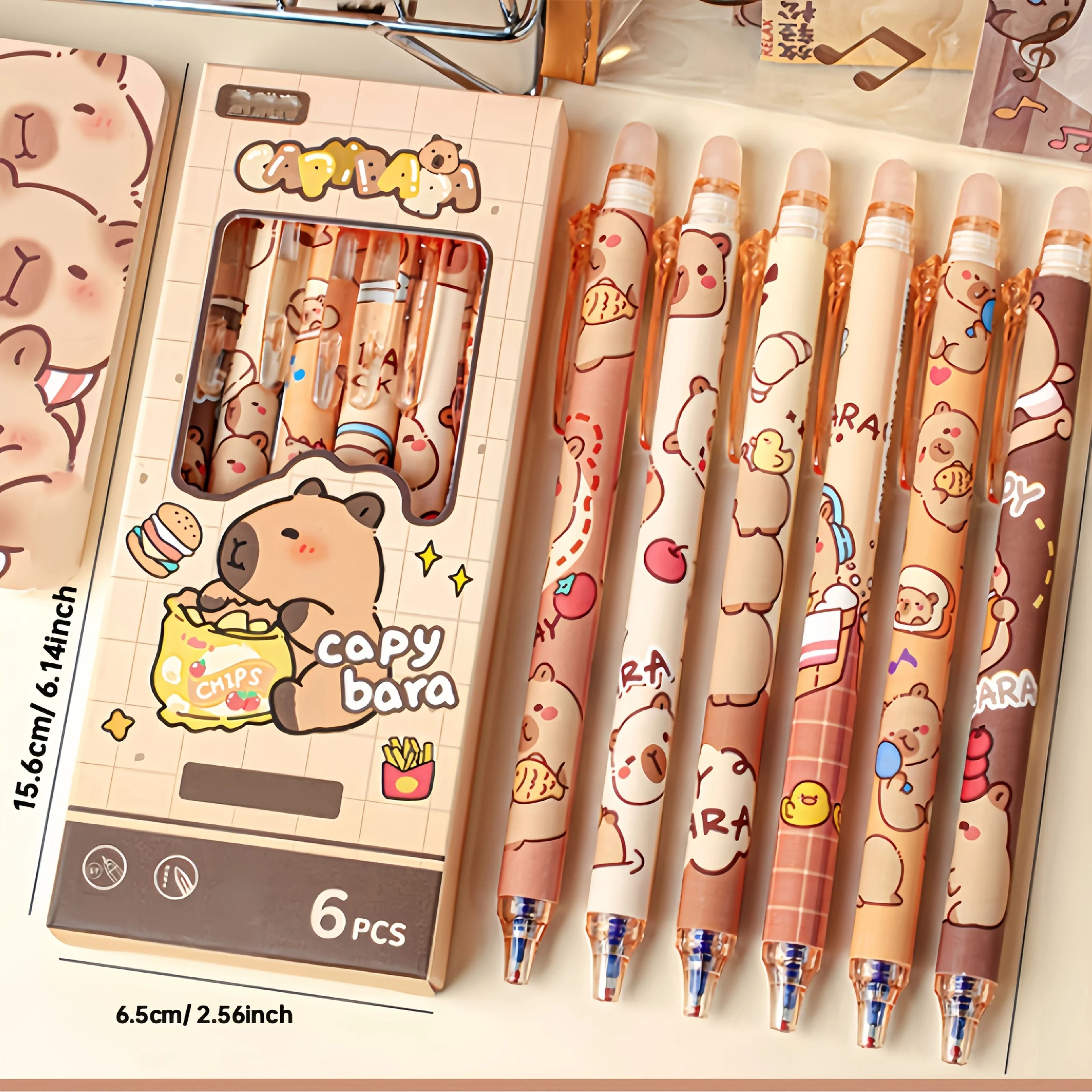 6Piece Cute Capybara Erasable Gel Pen Set  05mm Retractable Blue Ink For Effortless Writing  Editin 2