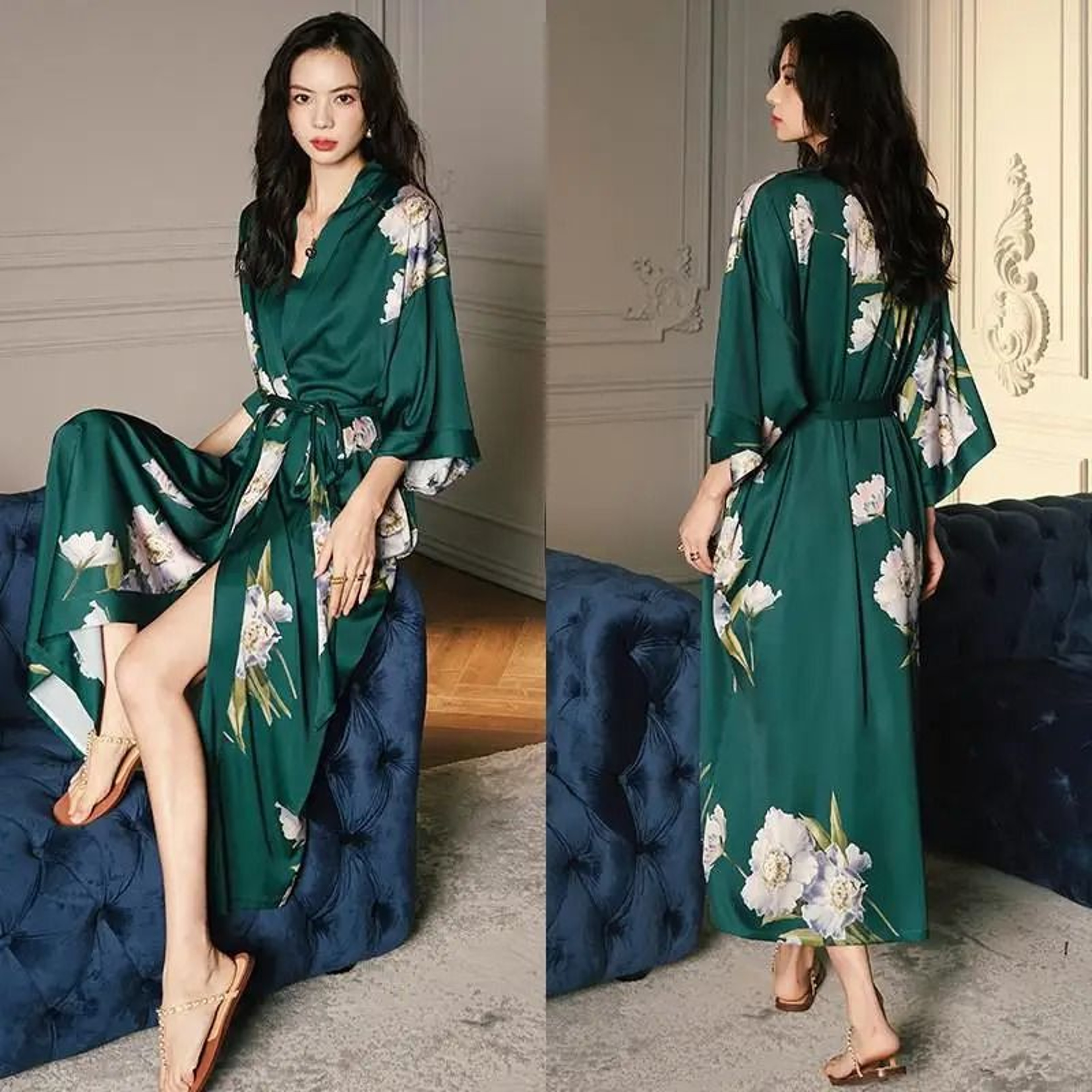 Floral Print Long Kimono Robe  Nightgown Set 10