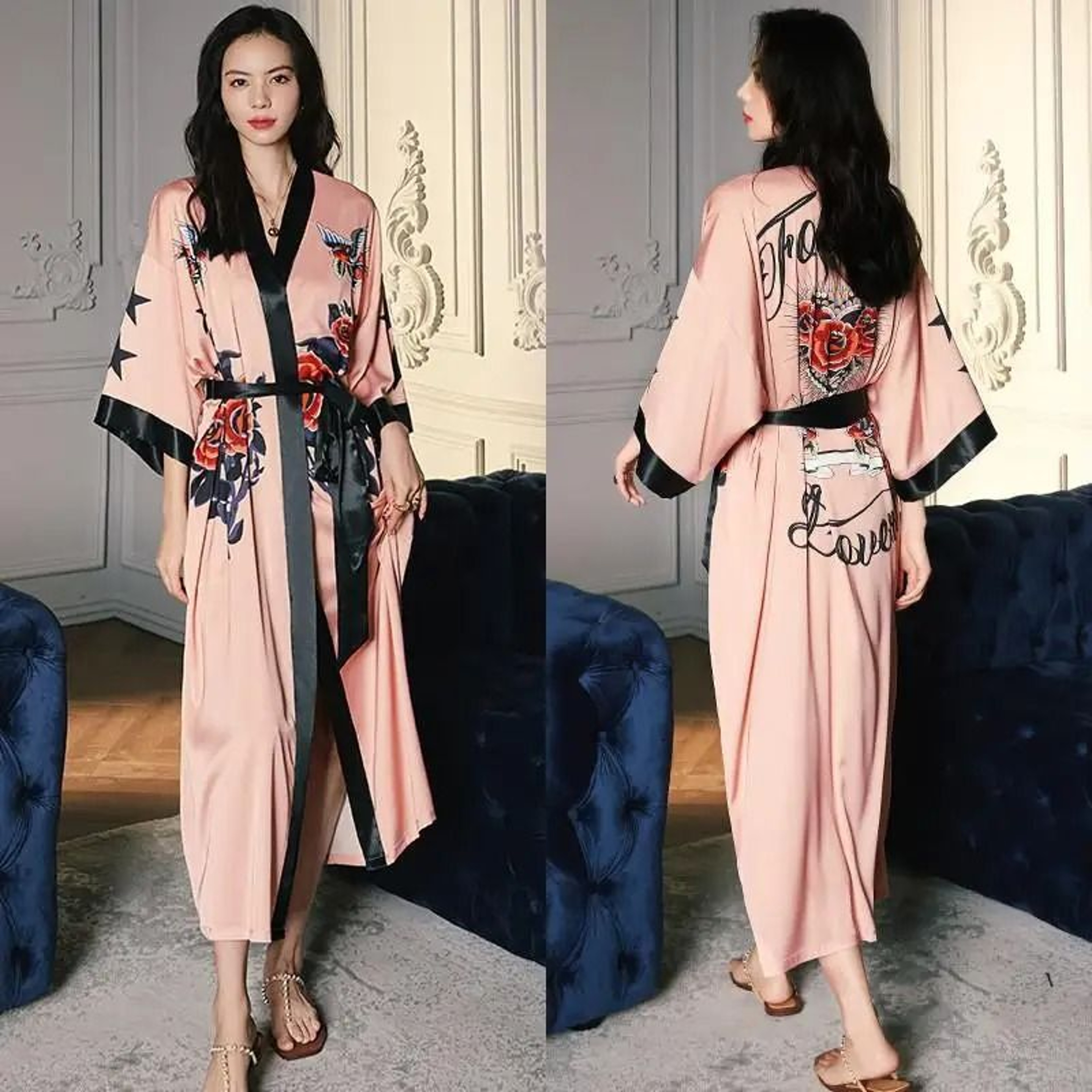 Floral Print Long Kimono Robe  Nightgown Set 16