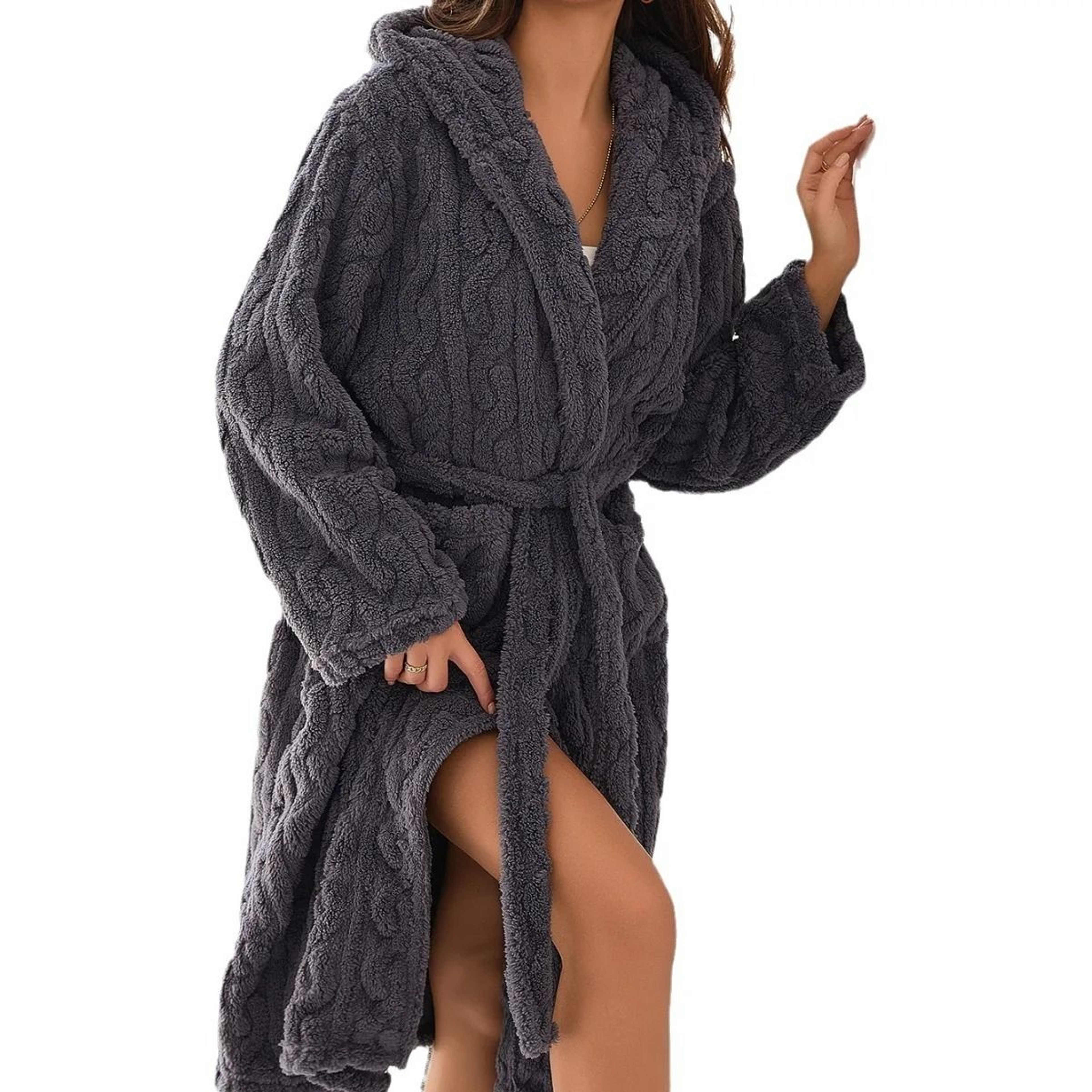 Pink Thickened Coral Fleece Hooded Long Robe 4