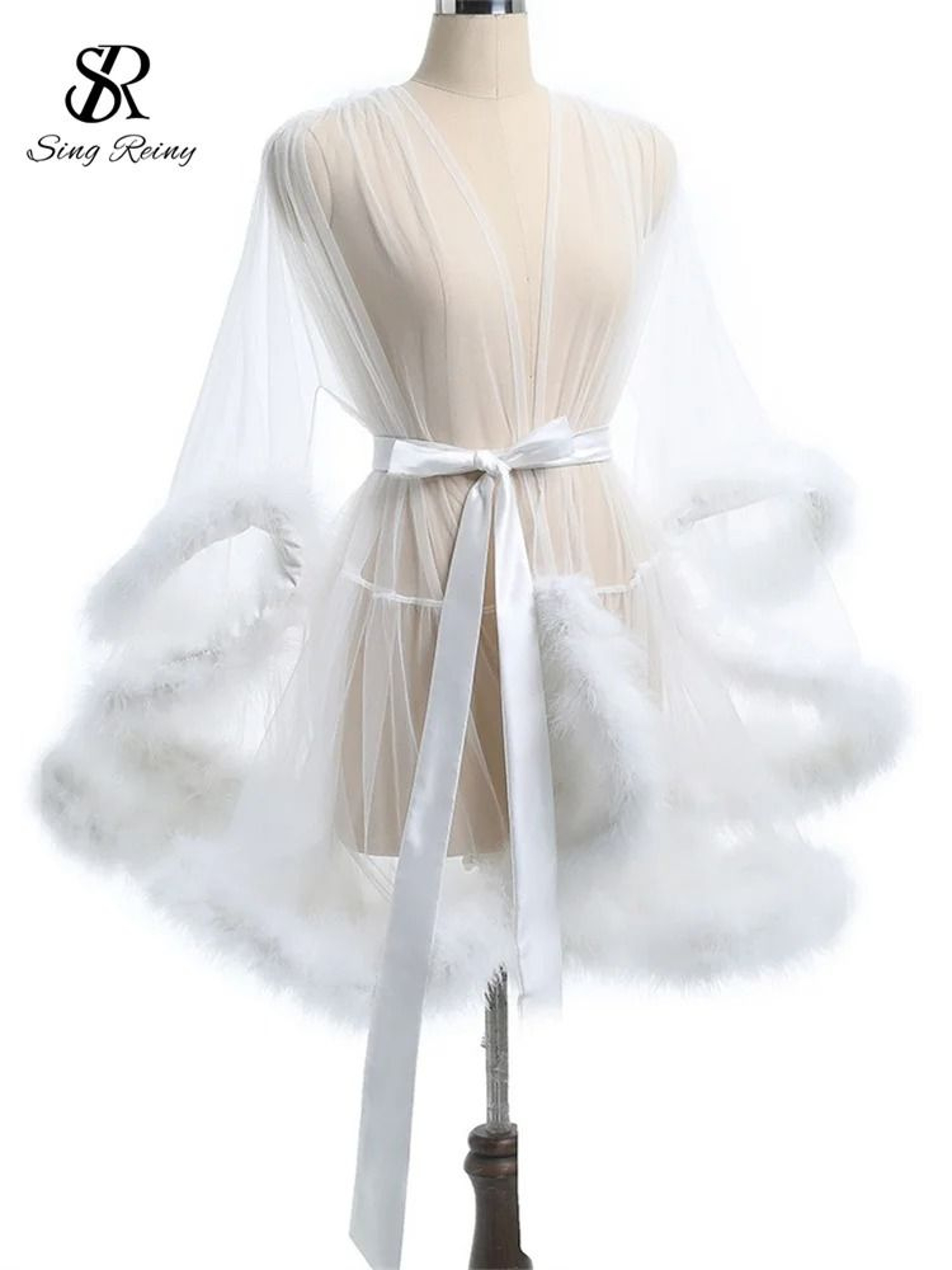 Sheer Erotic Mesh Robe  Elegant PlushTrimmed Nightgown 9