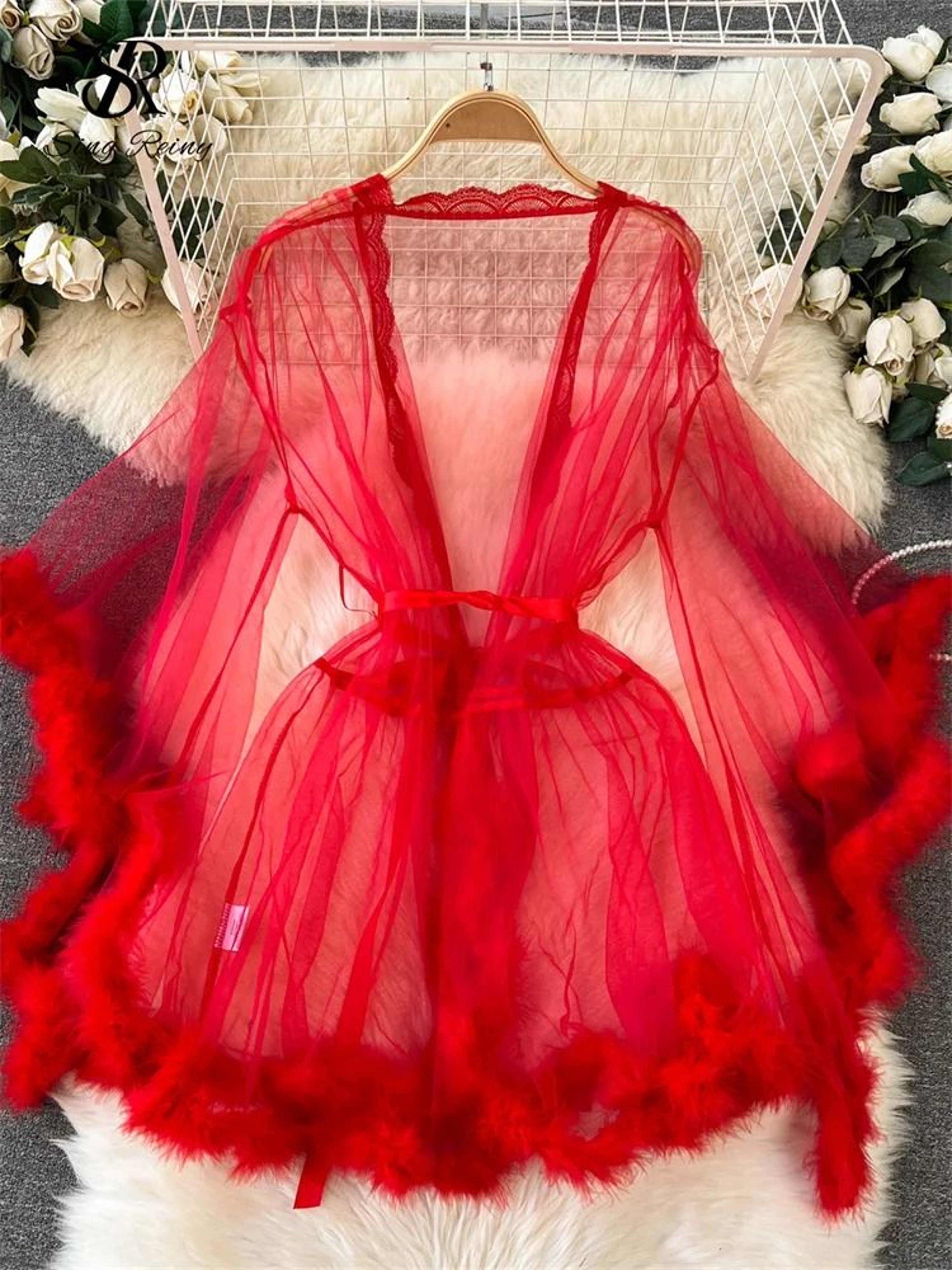 Sheer Erotic Mesh Robe  Elegant PlushTrimmed Nightgown 3