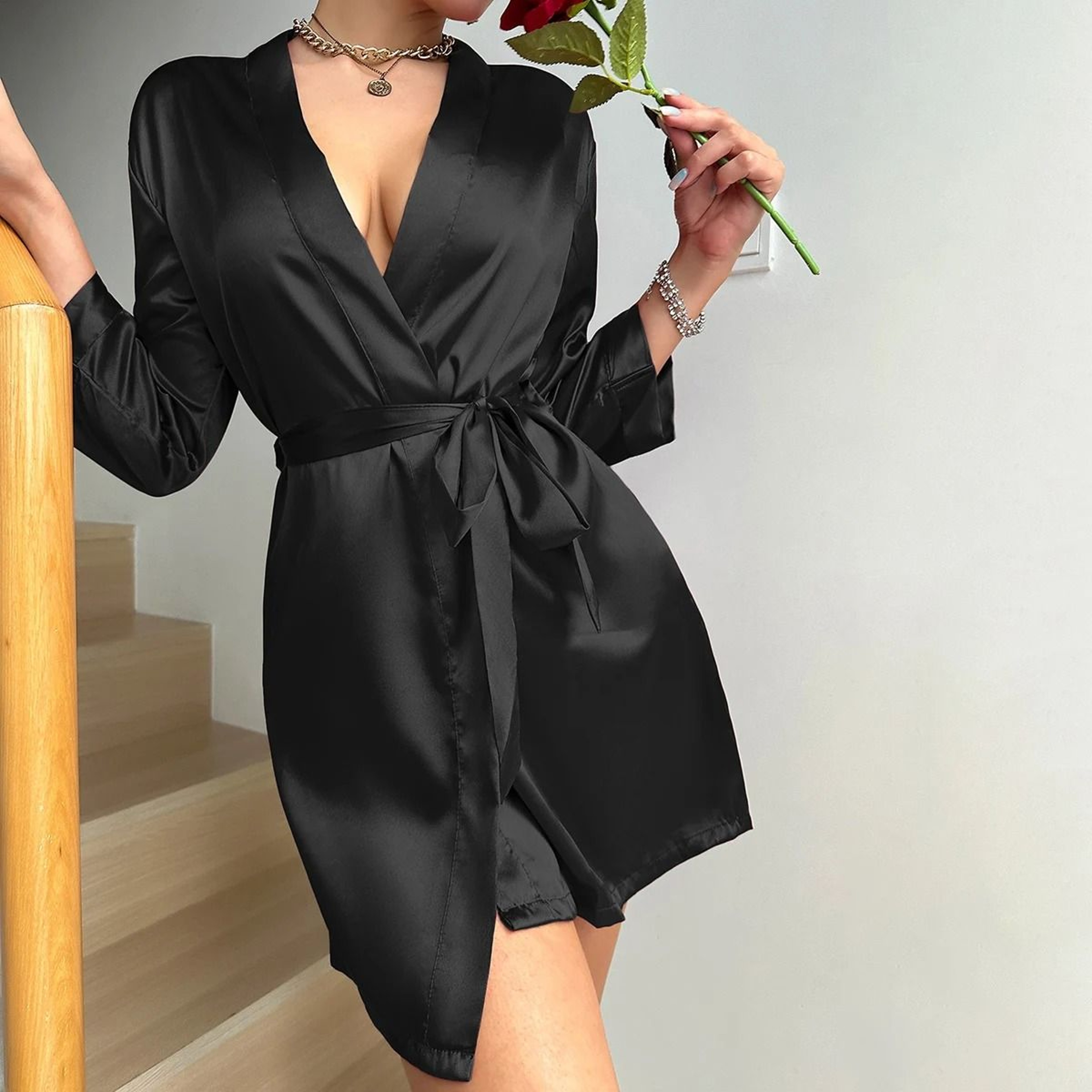 Silky Ice Silk Morning Gown  Elegant LaceUp Summer Bathrobe 0