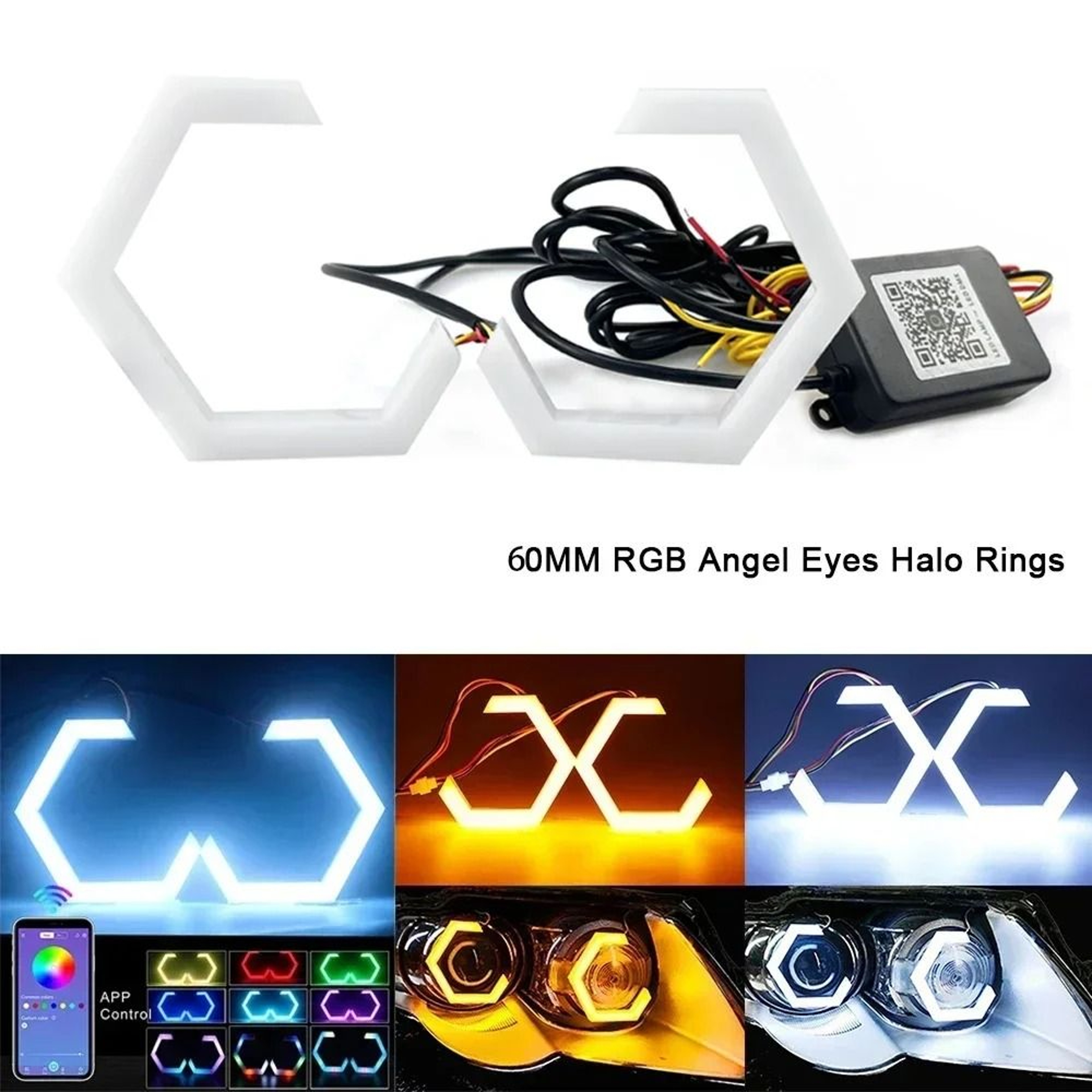 Hexagon RGB LED Angel Eyes  Bluetooth AppControlled Halo Rings 6