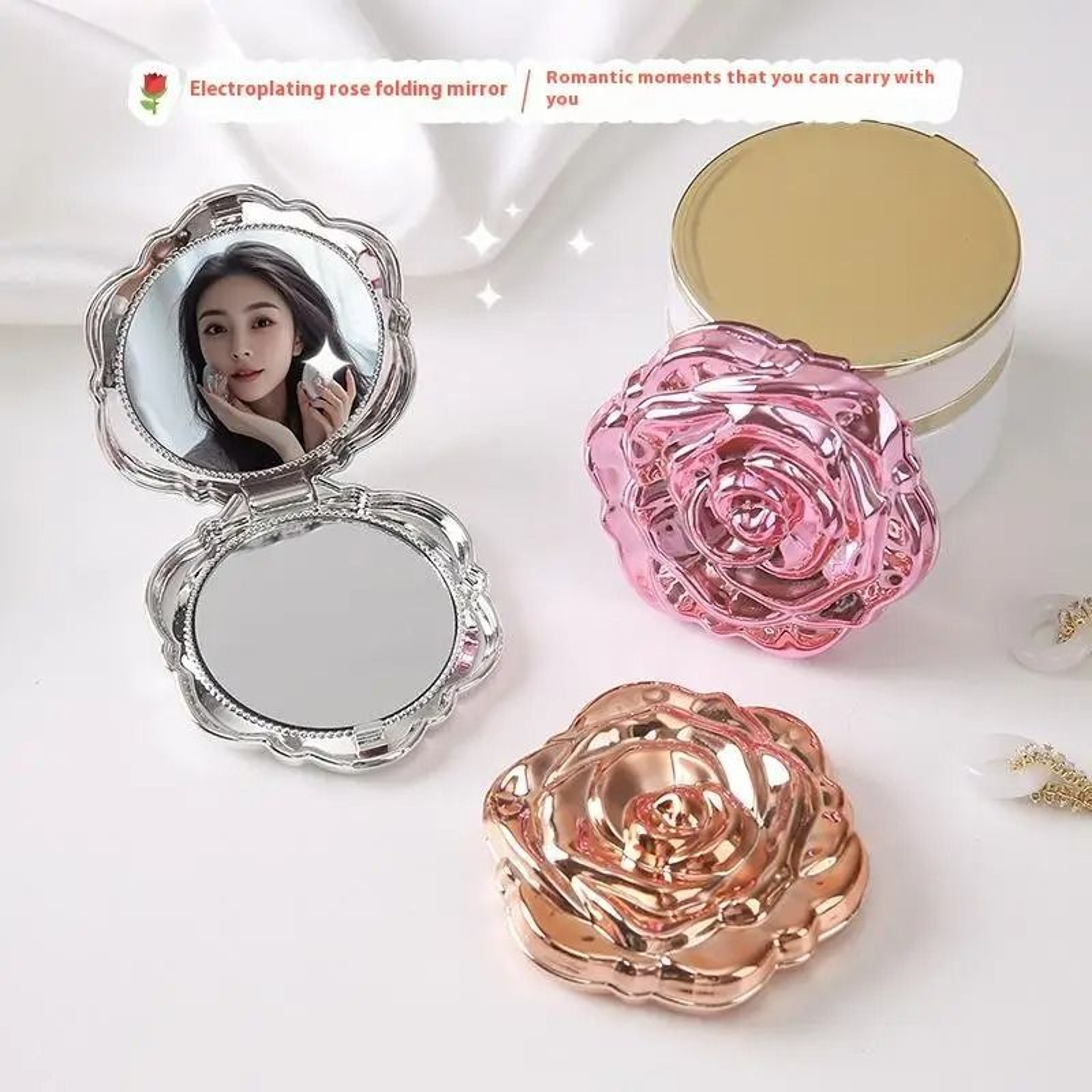 Retro Rose Compact Mirror  Portable DoubleSided Floral Pocket Mirror 4