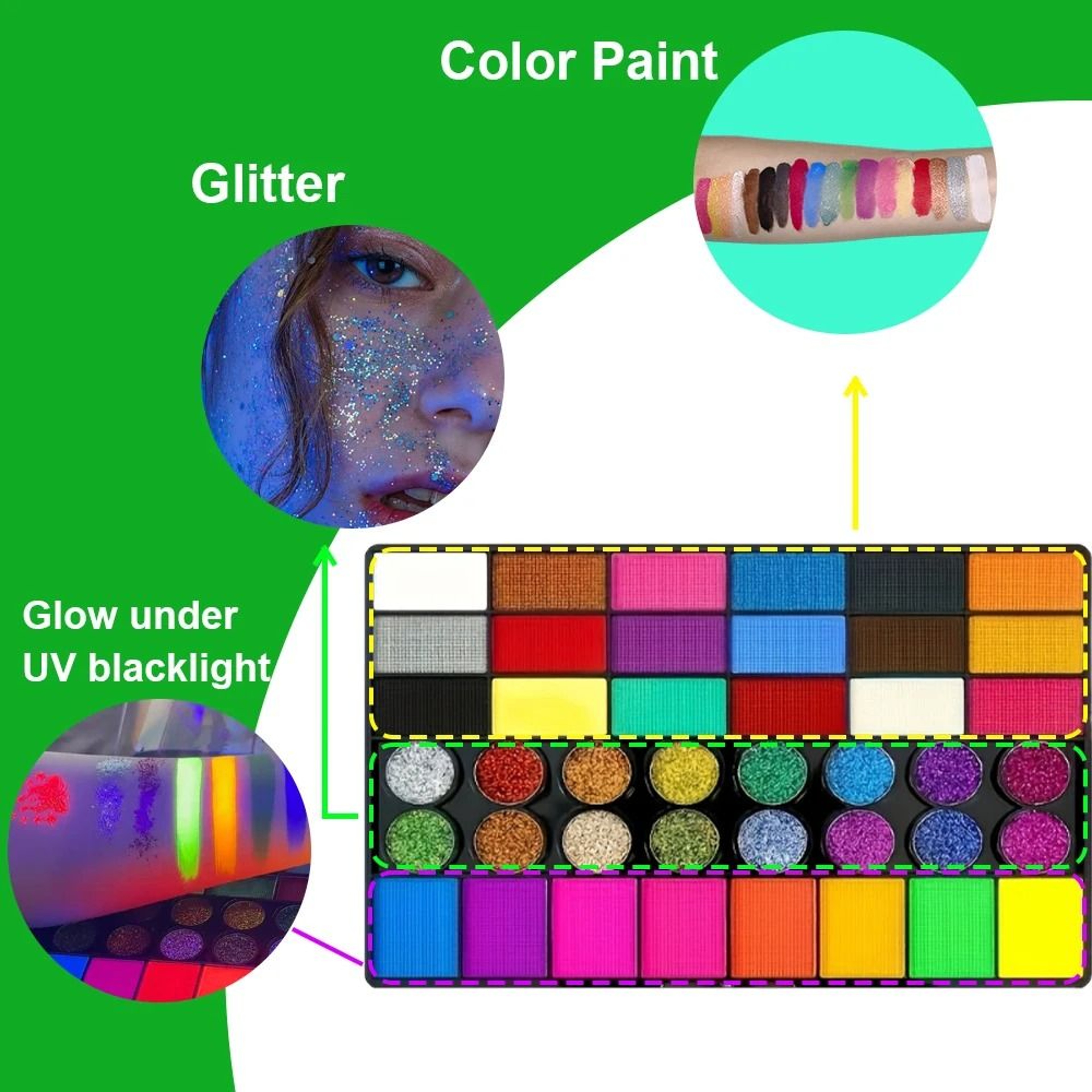 42Color Ultimate UV Neon Face Paint Set  Fluorescent Glitter  Art Makeup Palette 4