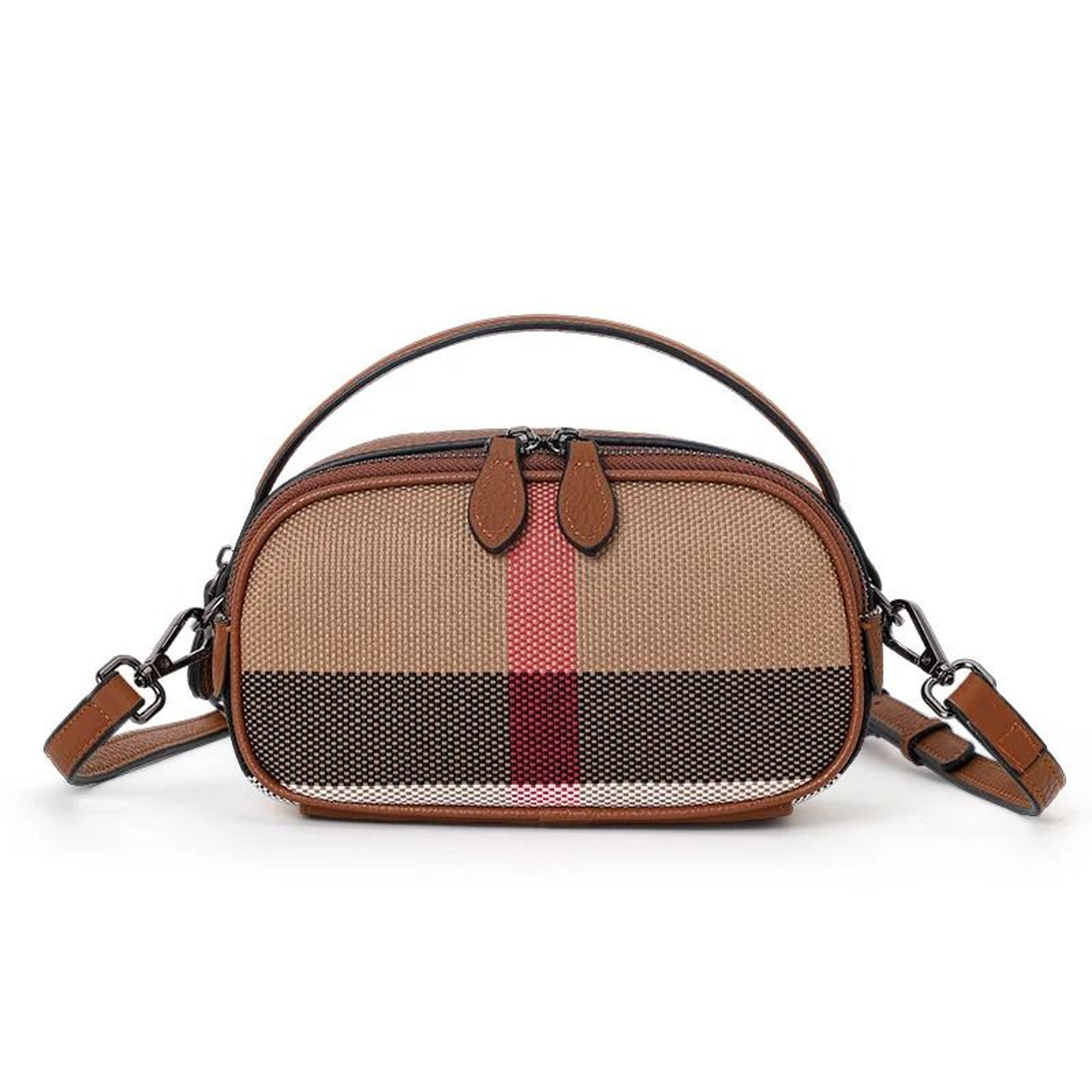Canvas  Cowhide Checkered Round Crossbody Bag 3