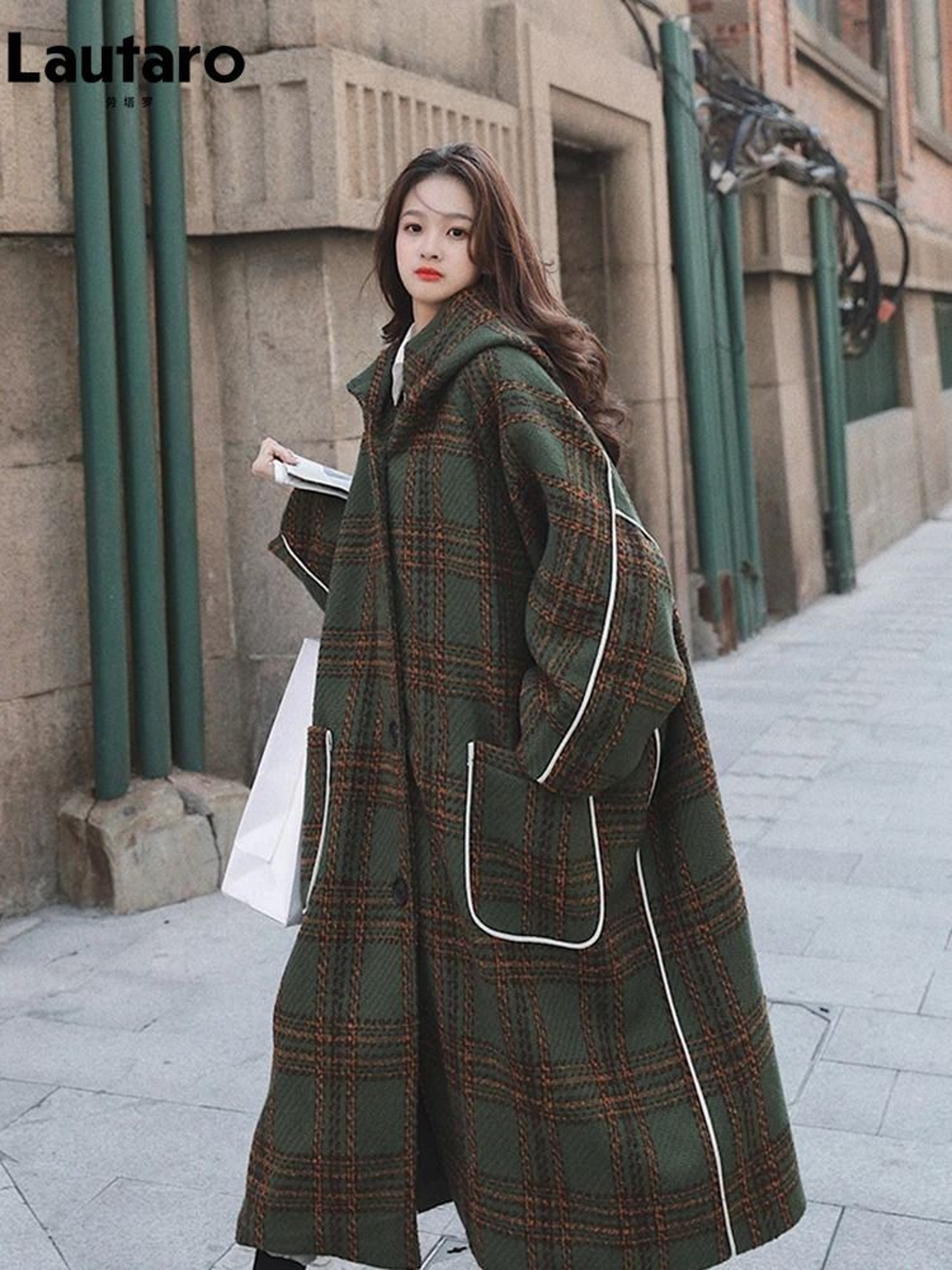 Luxury Runway Oversized Patchwork Plaid Woolen Trench Coat 2
