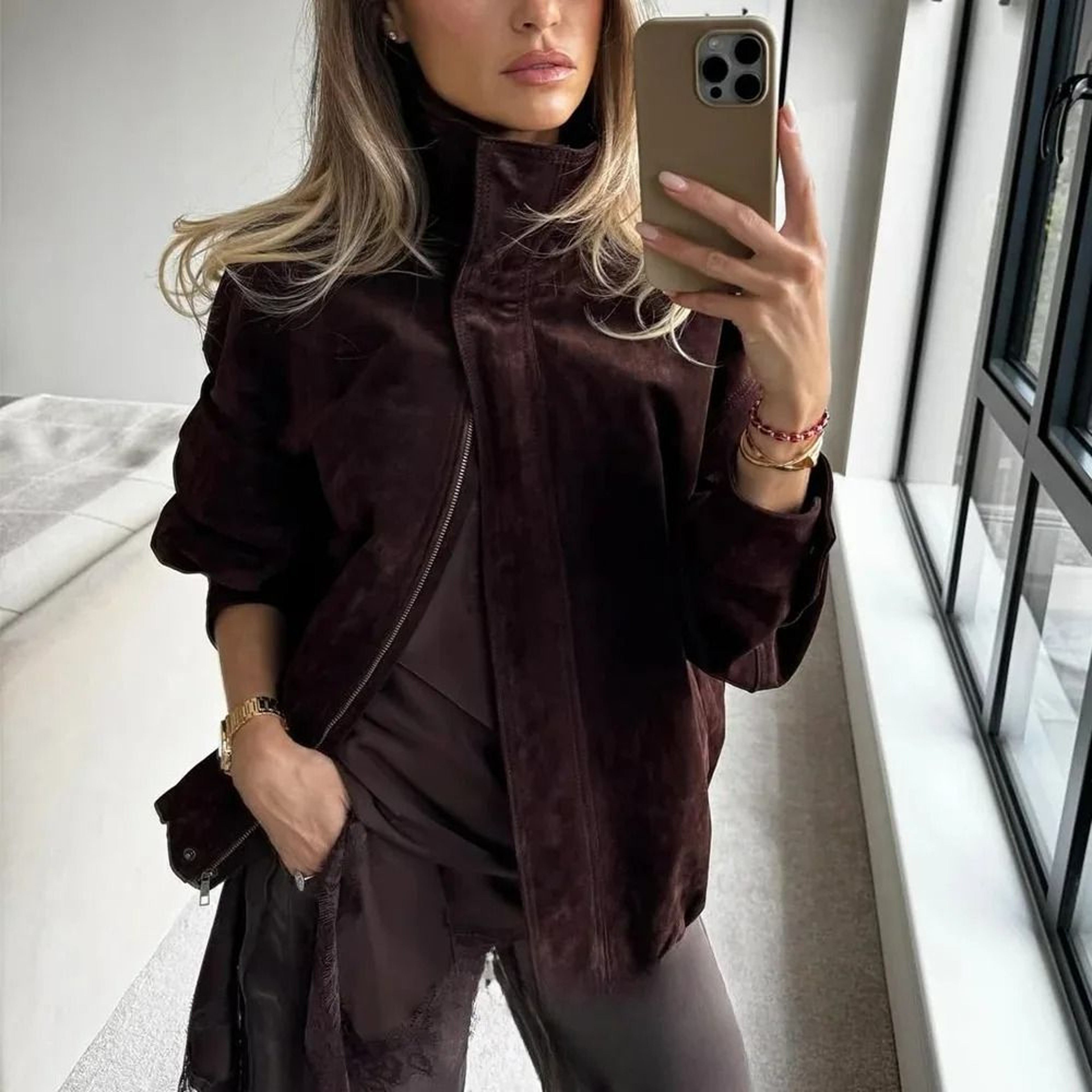 Streetwear Suede Chic Brown Bomber Jacket 2