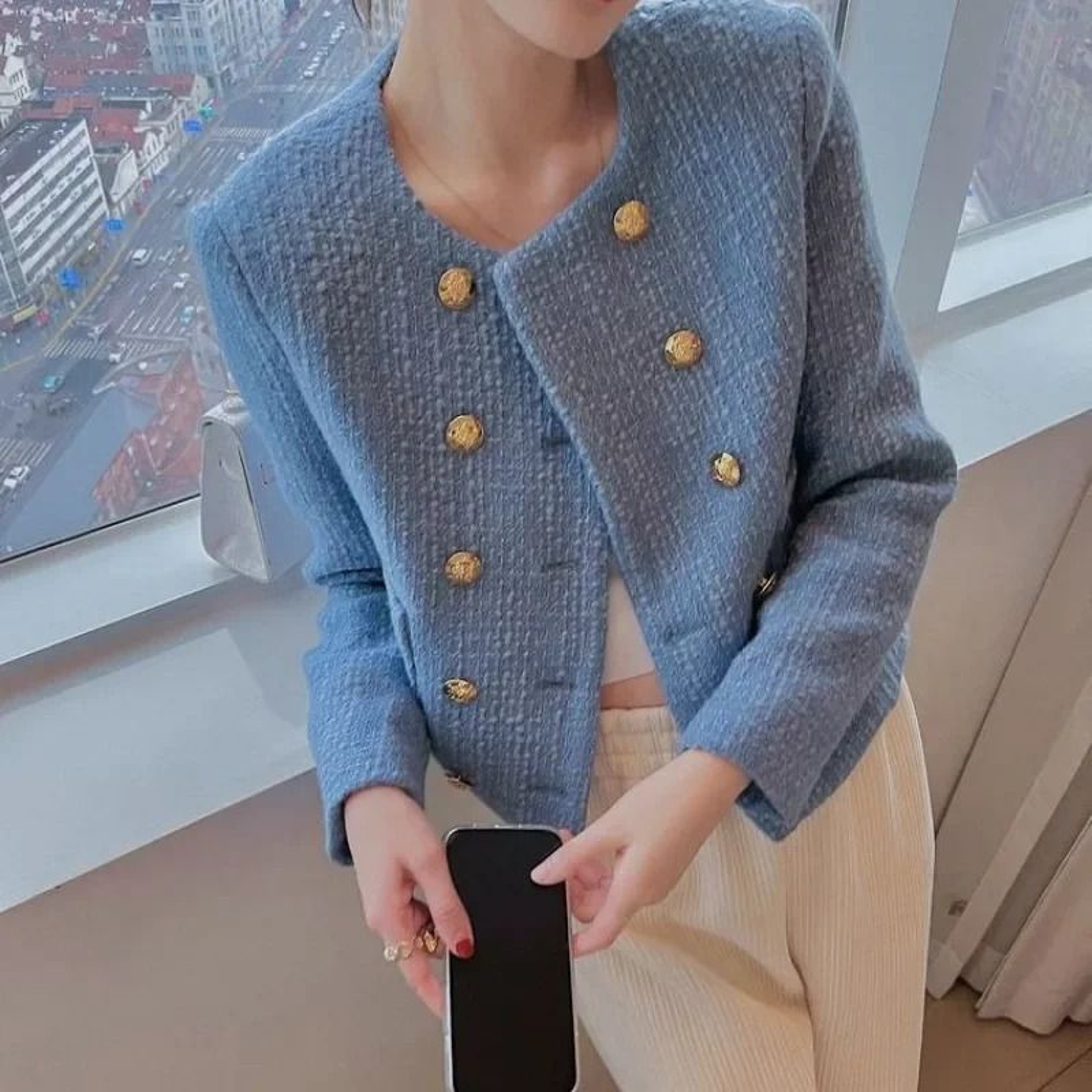 Womens Blue Tweed Wool Blend Short Jacket 3