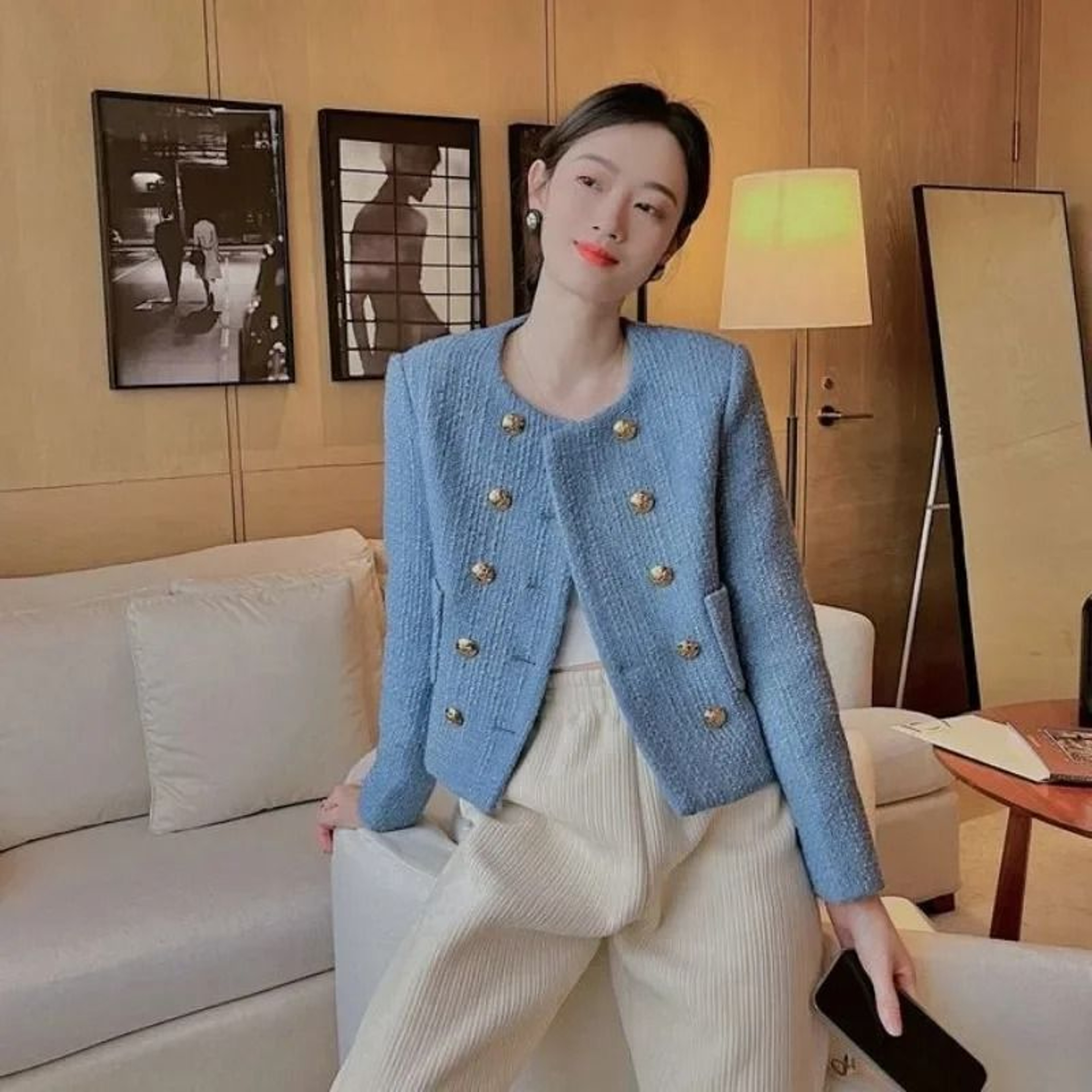 Womens Blue Tweed Wool Blend Short Jacket 5