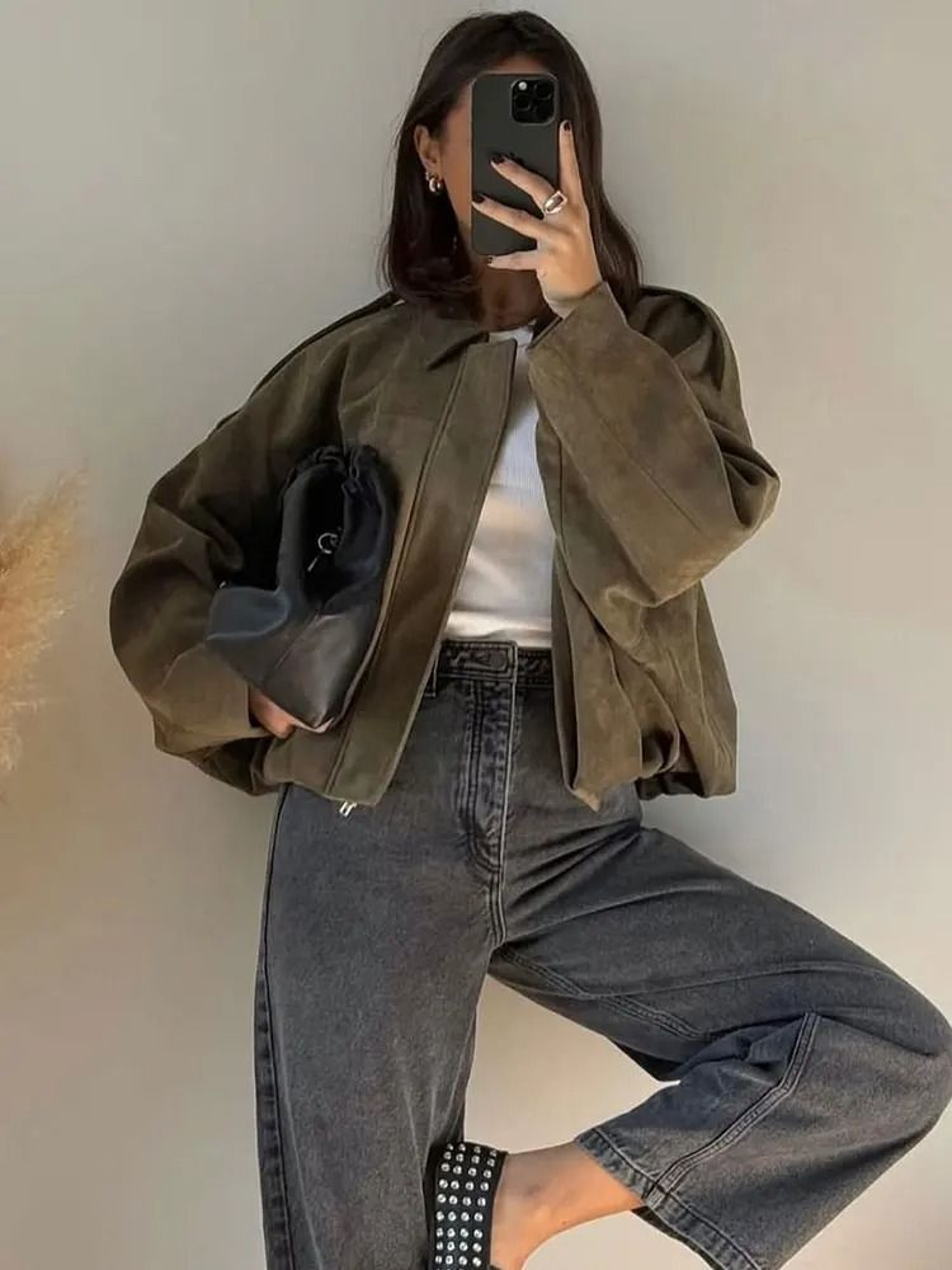 Womens Vintage Suede Loose Bomber Jacket 0
