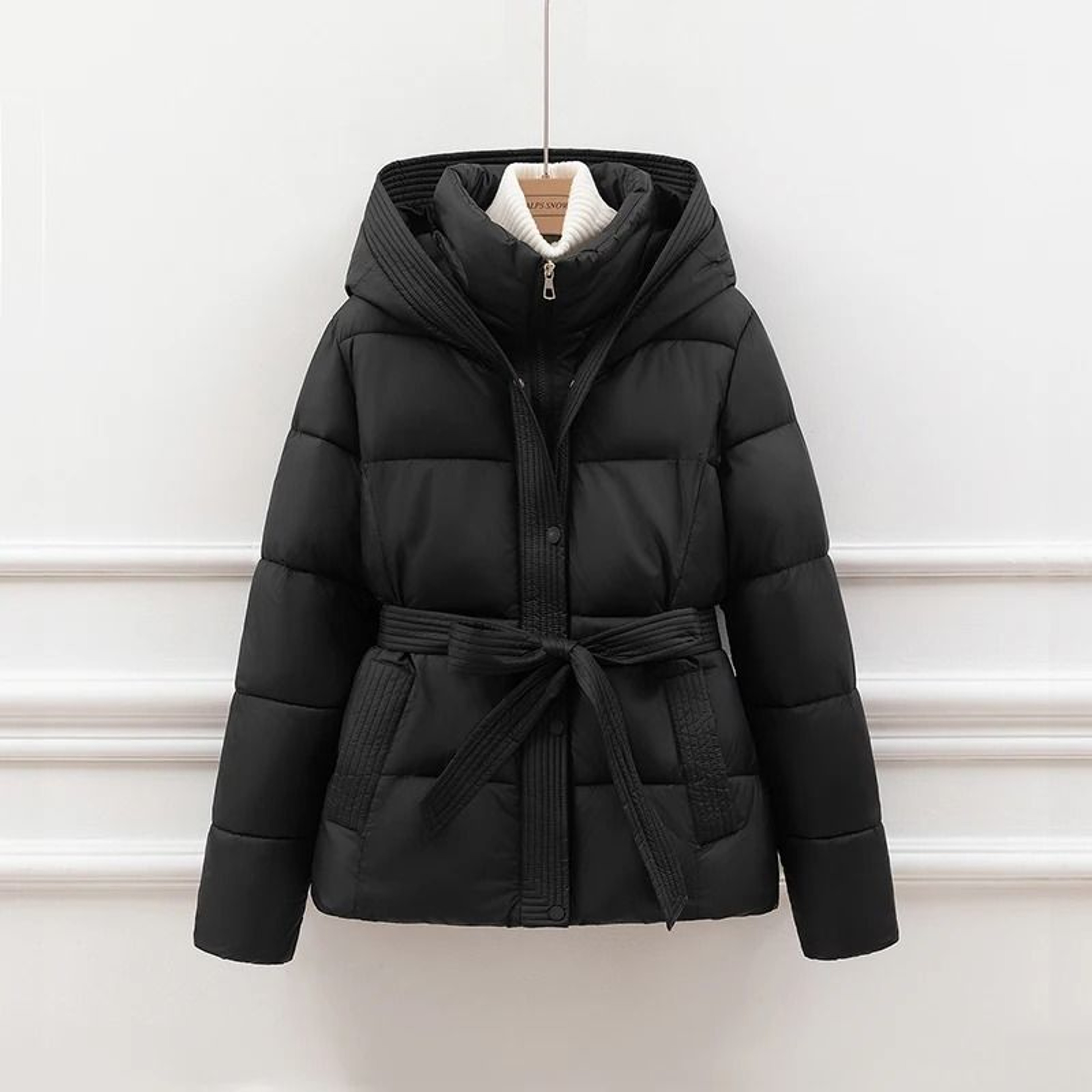 Womens Slimming Hooded Puffer Jacket  Belted Winter Cotton Coat 3