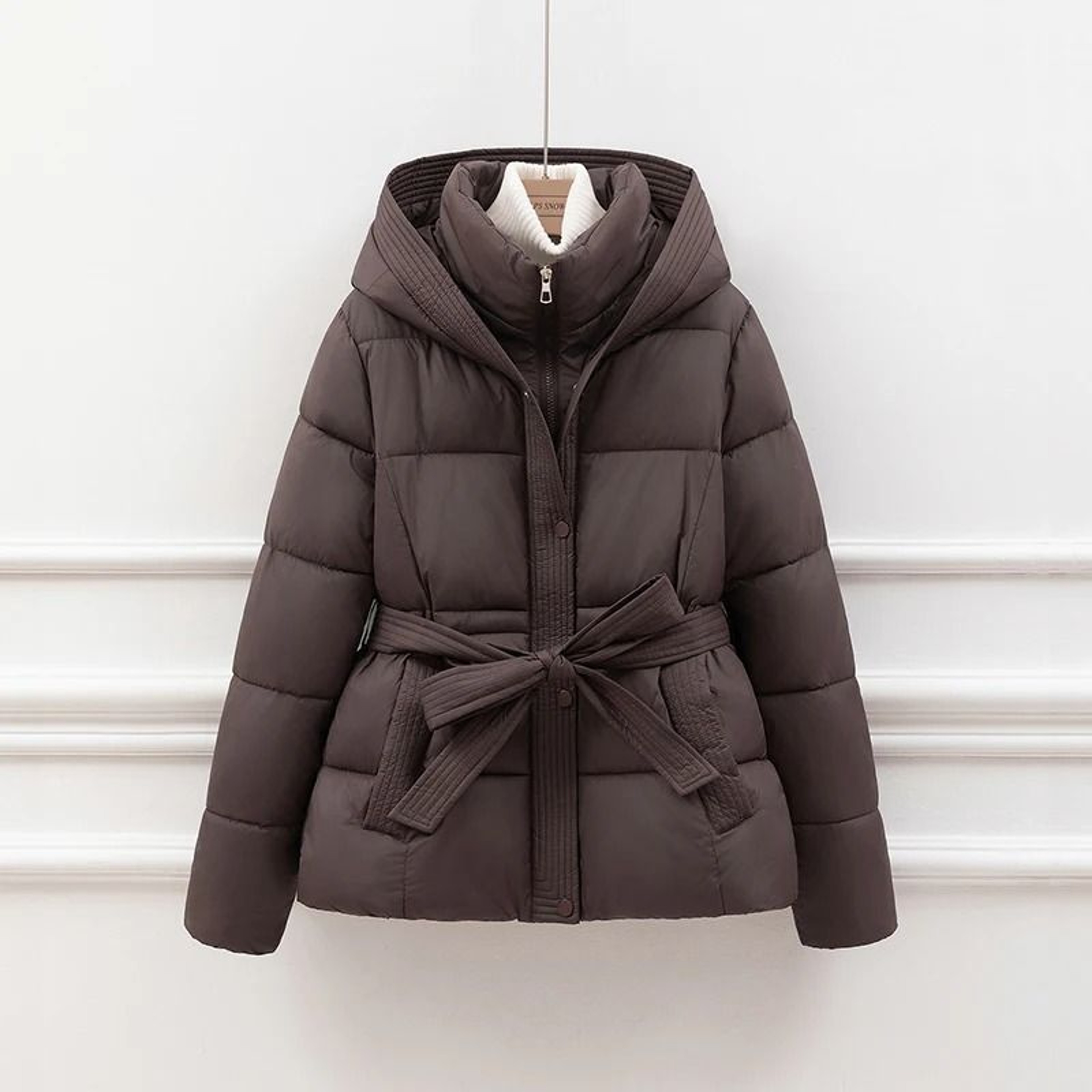 Womens Slimming Hooded Puffer Jacket  Belted Winter Cotton Coat 7