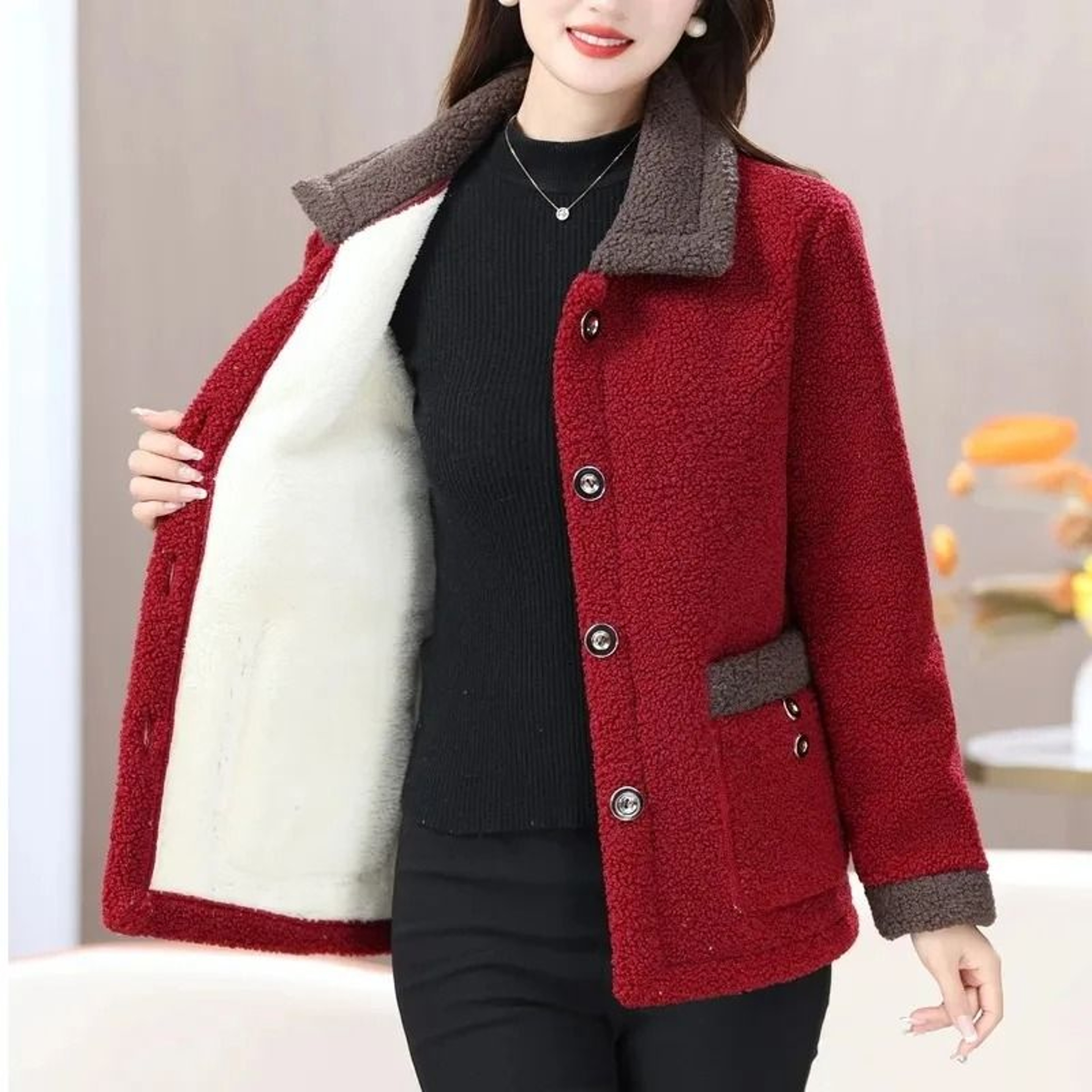 Elegant Lamb Fur Grain Velvet Coat  Womens Thermal Winter Jacket 0