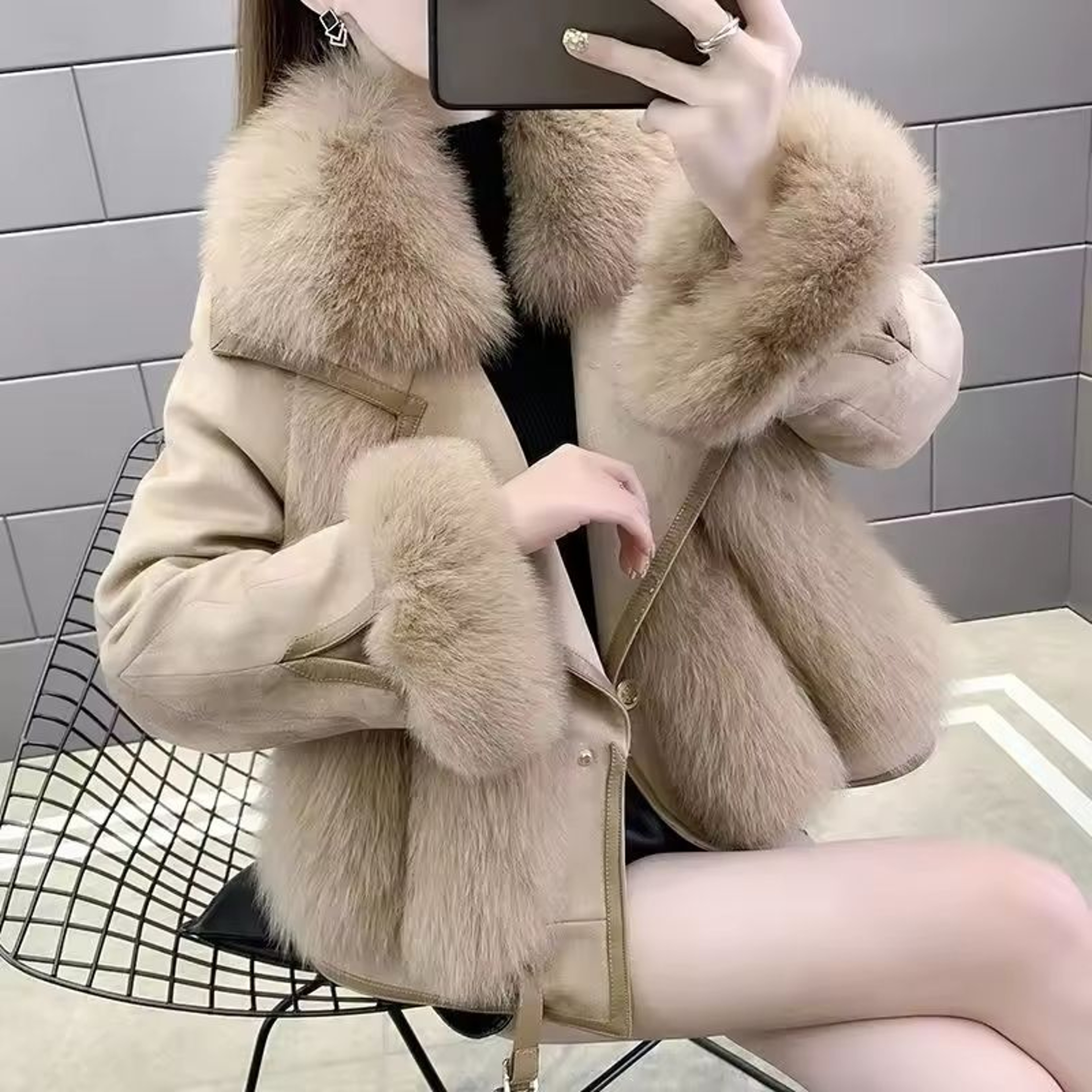MidLong Spliced Faux Fur Jacket  PU Leather Hybrid Winter Coat 1