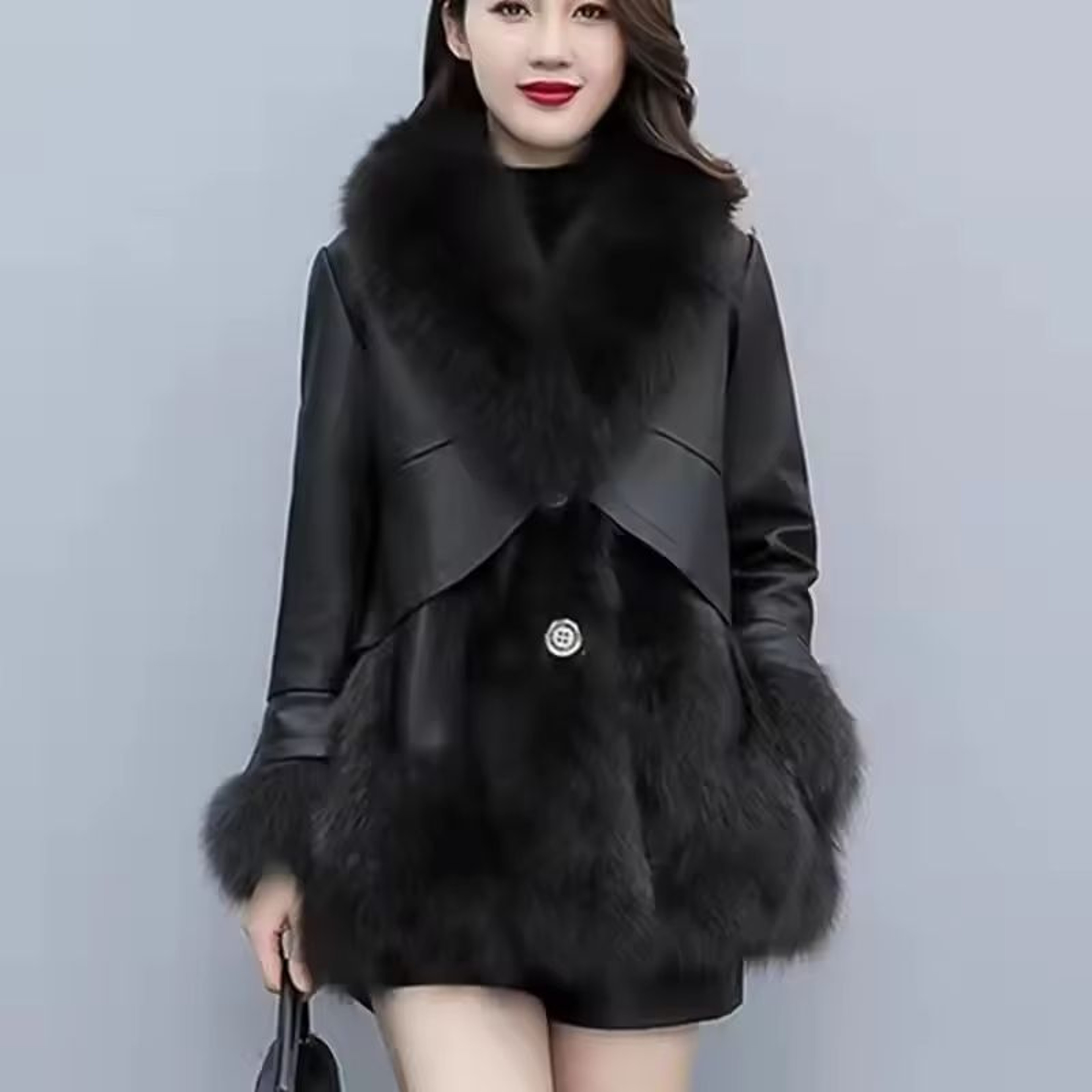MidLong Spliced Faux Fur Jacket  PU Leather Hybrid Winter Coat 0