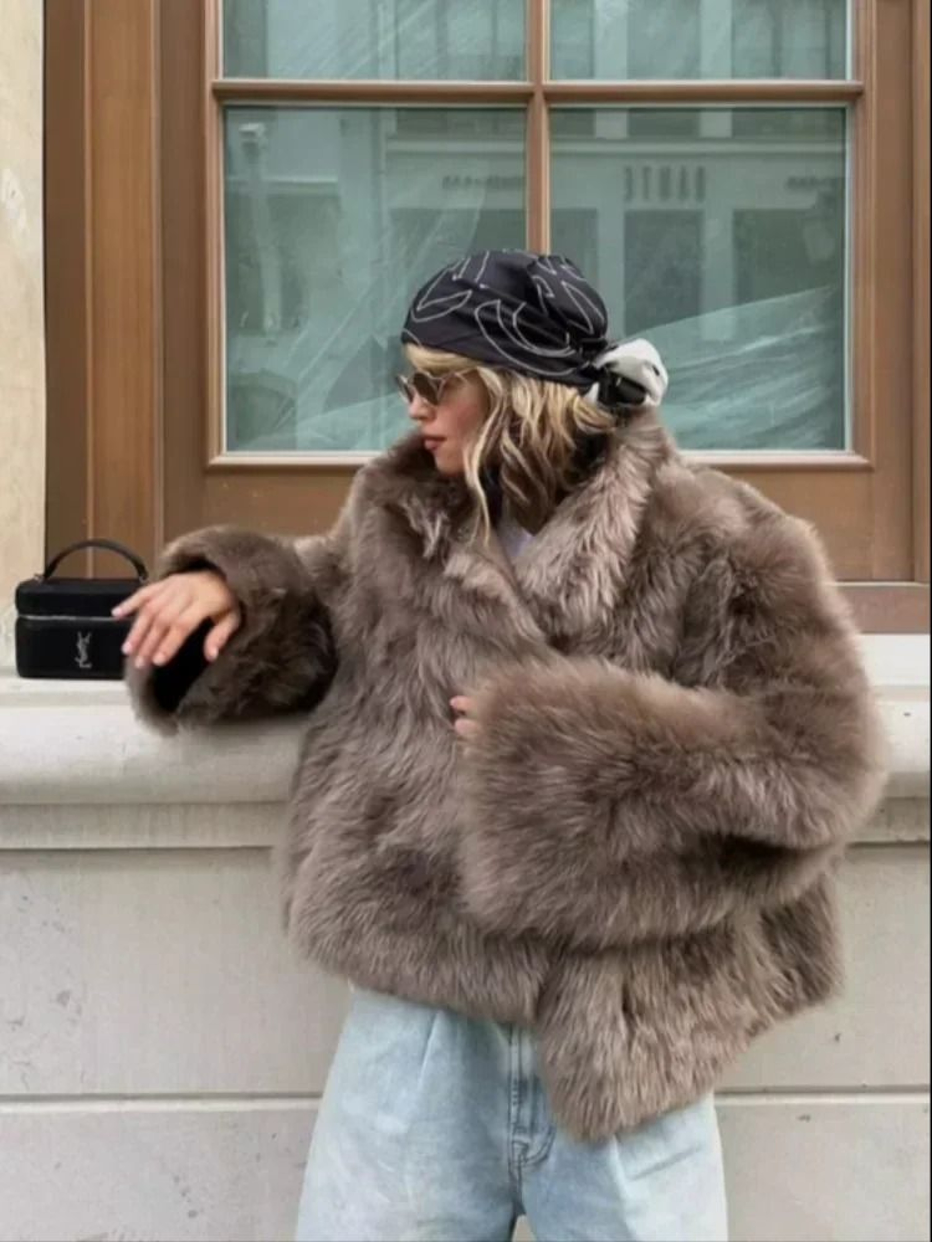 Elegant Stand Collar Faux Fur Jacket  Modern High Street Loose Coat 4