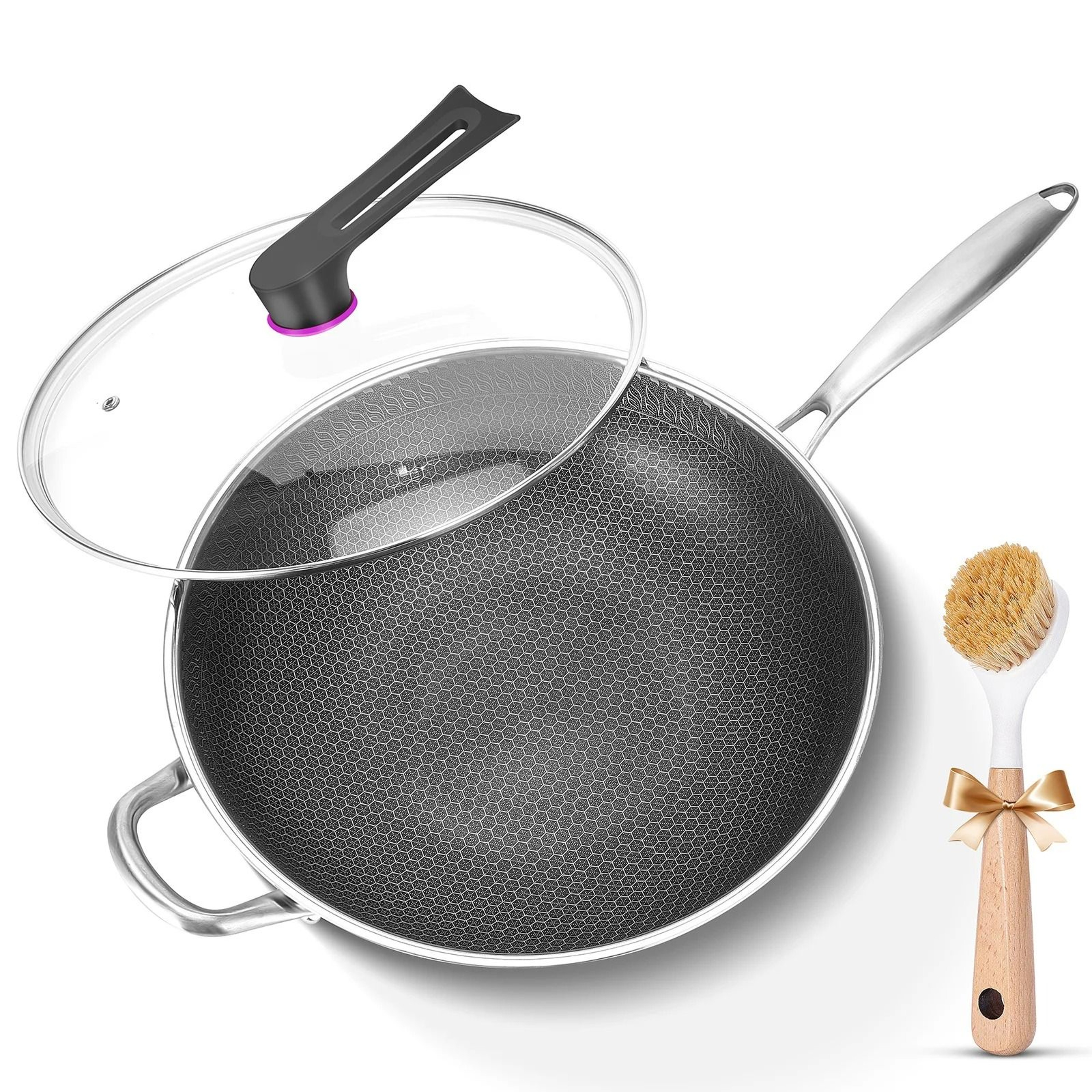 Stainless Steel Nonstick Wok With Tempered Glass Lid 1