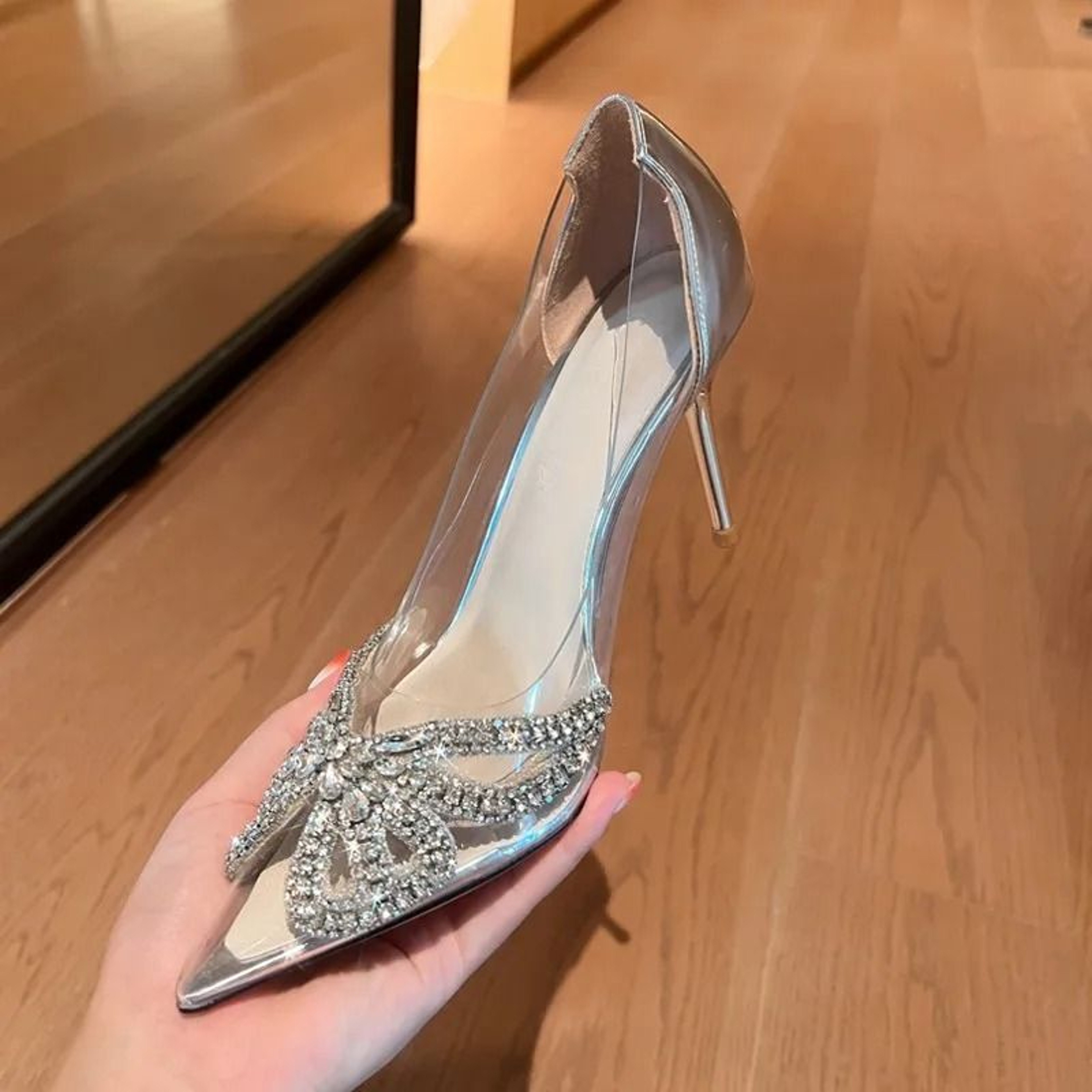 Pointed Transparent PVC Rhinestone Sandals  Elegant Wrapped Back Buckle High Heels 7