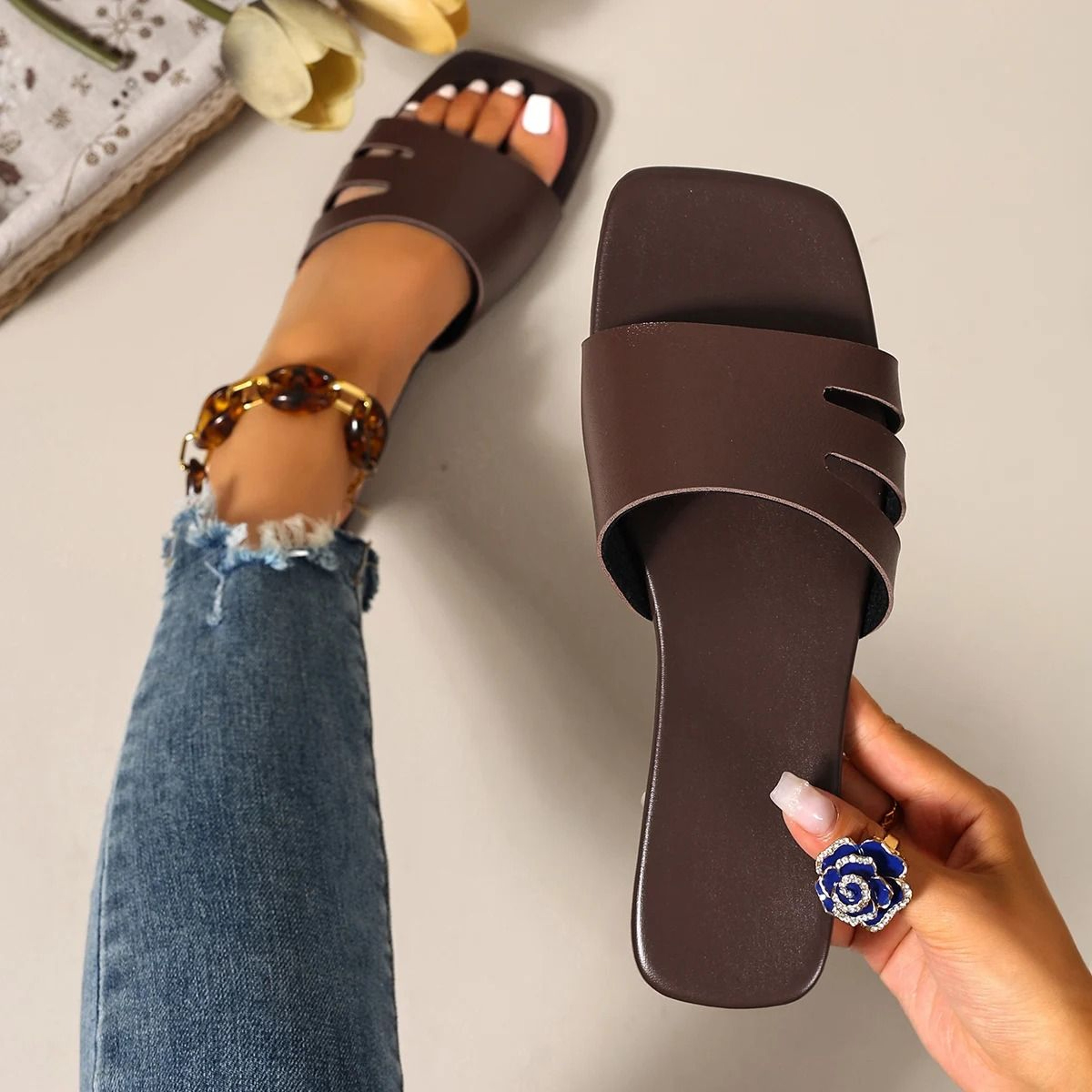 Modern SquareToe Slide Sandals  Lightweight Solid Color Summer Flats 1