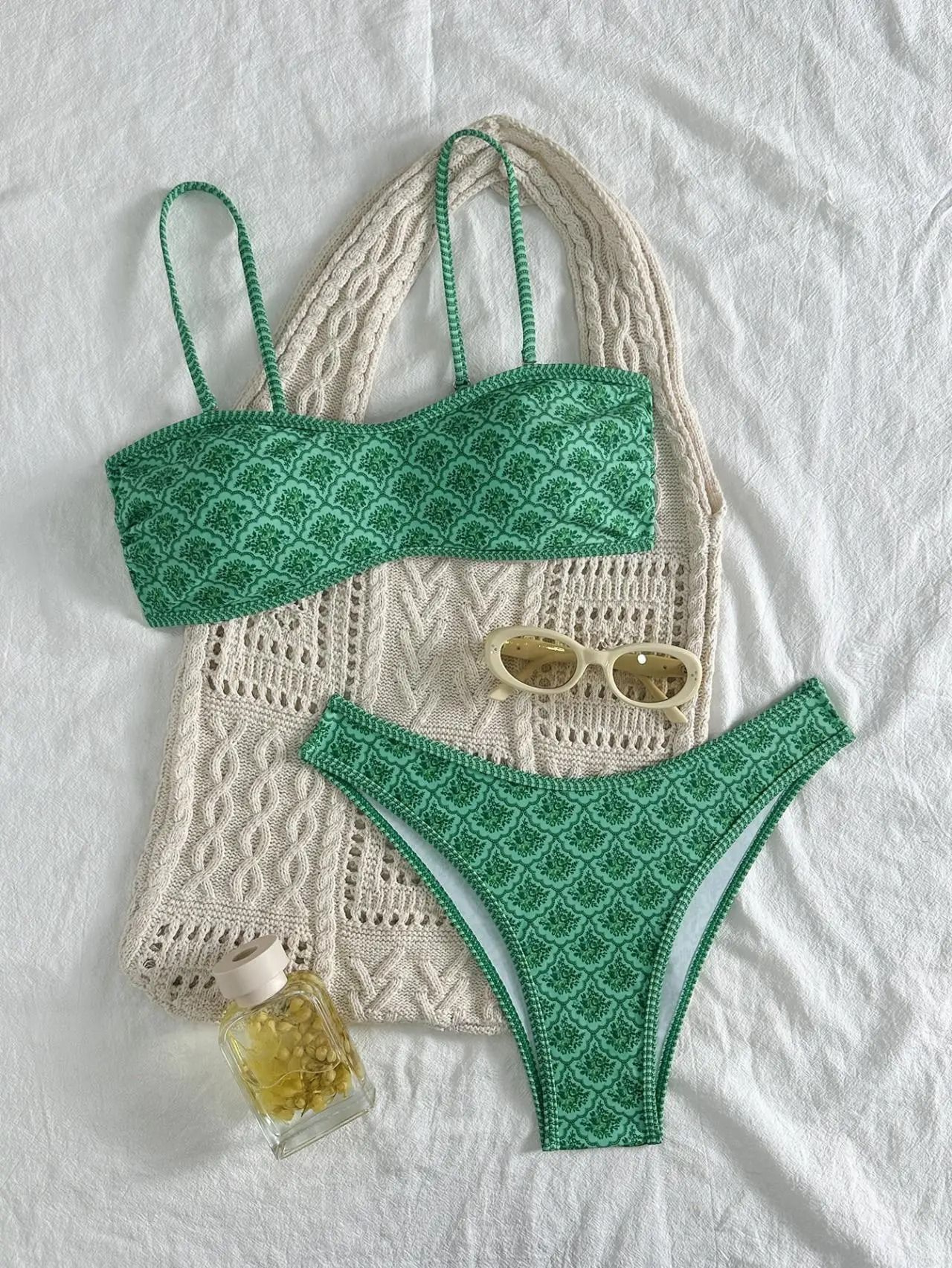 Green Floral Pleated Bandeau Bikini  PushUp Padded Thong Swimwear 0