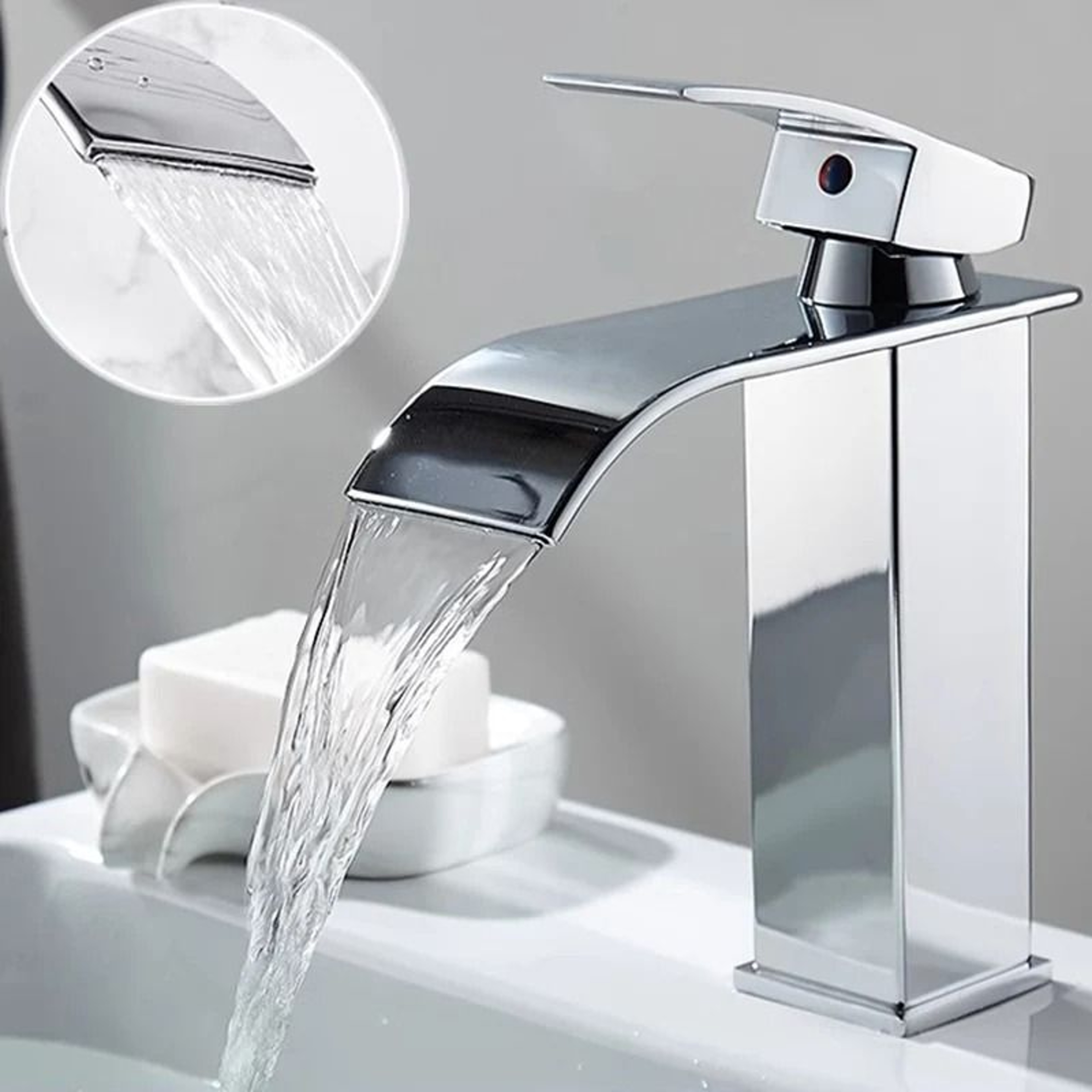 Luxury Waterfall Basin Mixer  Hot  Cold DualControl Square Waterfall Faucet 1