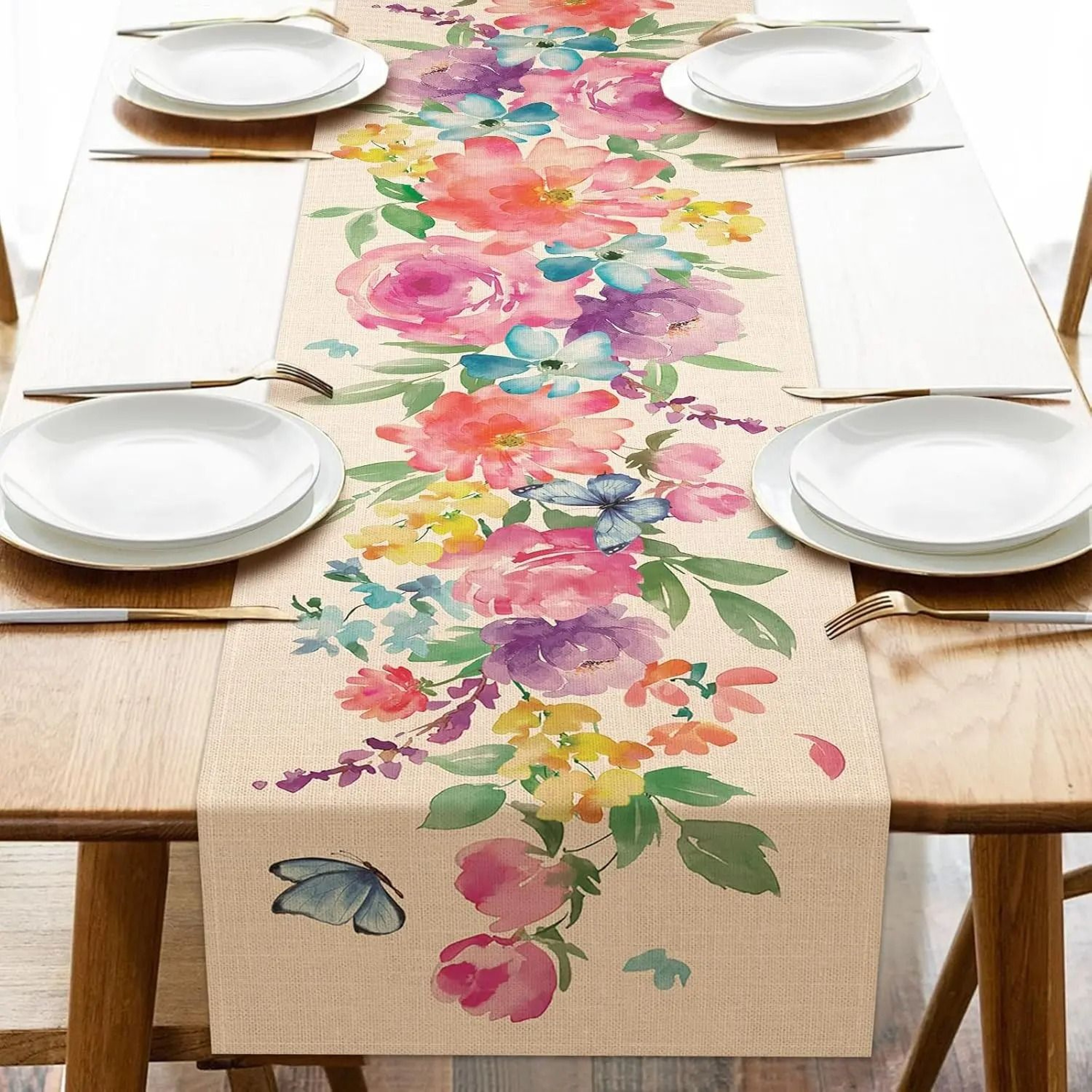 Spring Watercolor Flower  Butterfly Linen Table Runner  Elegant Reusable Dining Decor 0