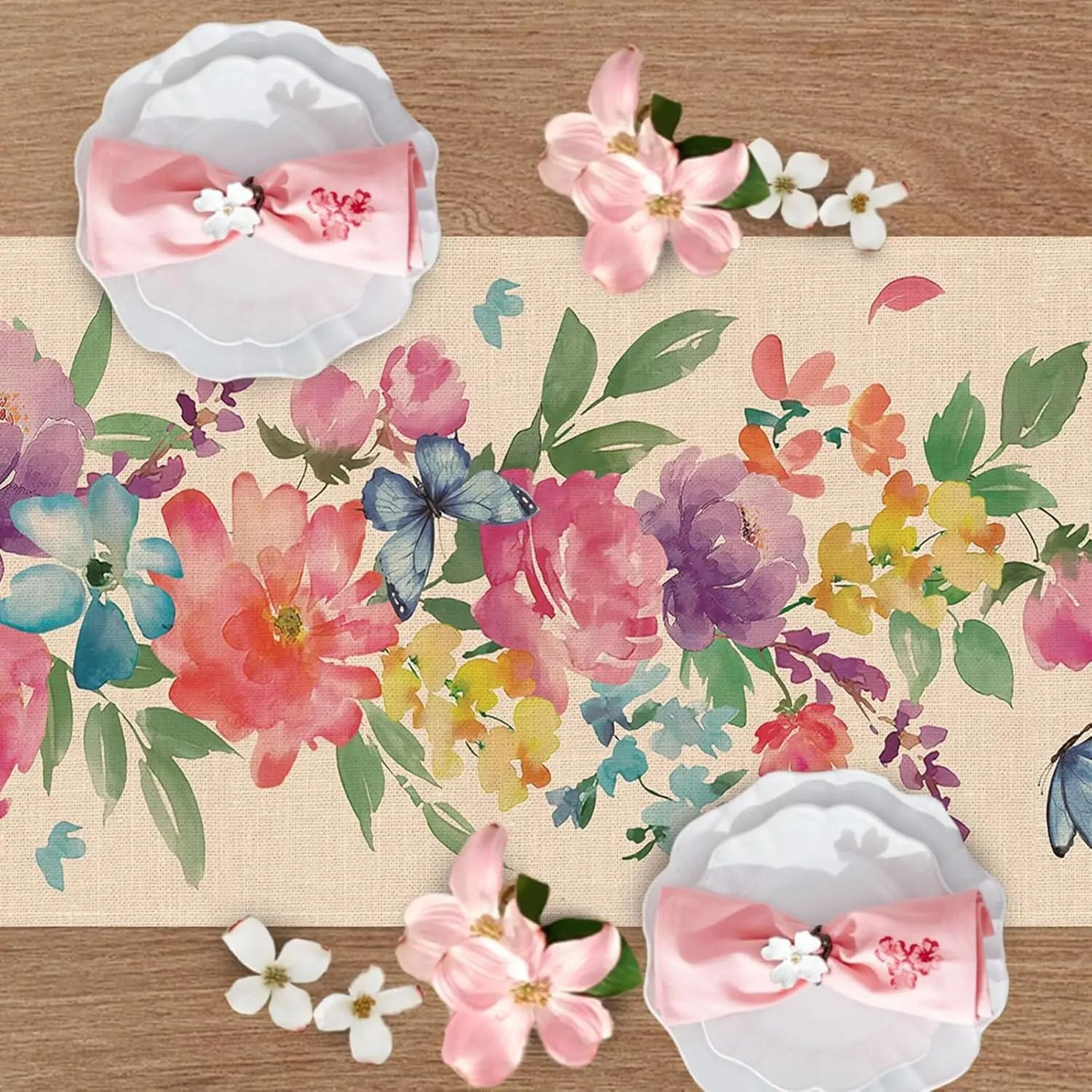 Spring Watercolor Flower  Butterfly Linen Table Runner  Elegant Reusable Dining Decor 1
