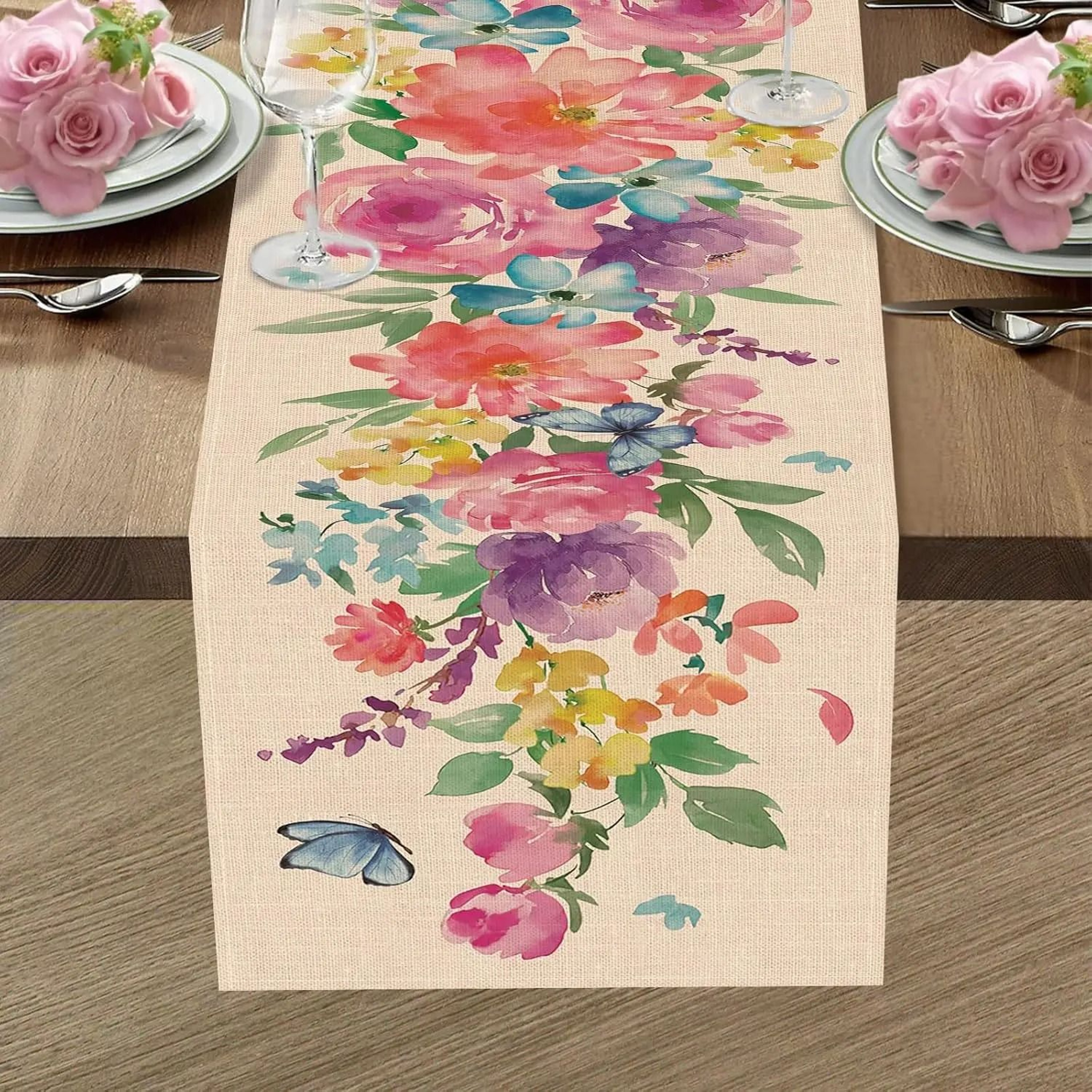 Spring Watercolor Flower  Butterfly Linen Table Runner  Elegant Reusable Dining Decor 2