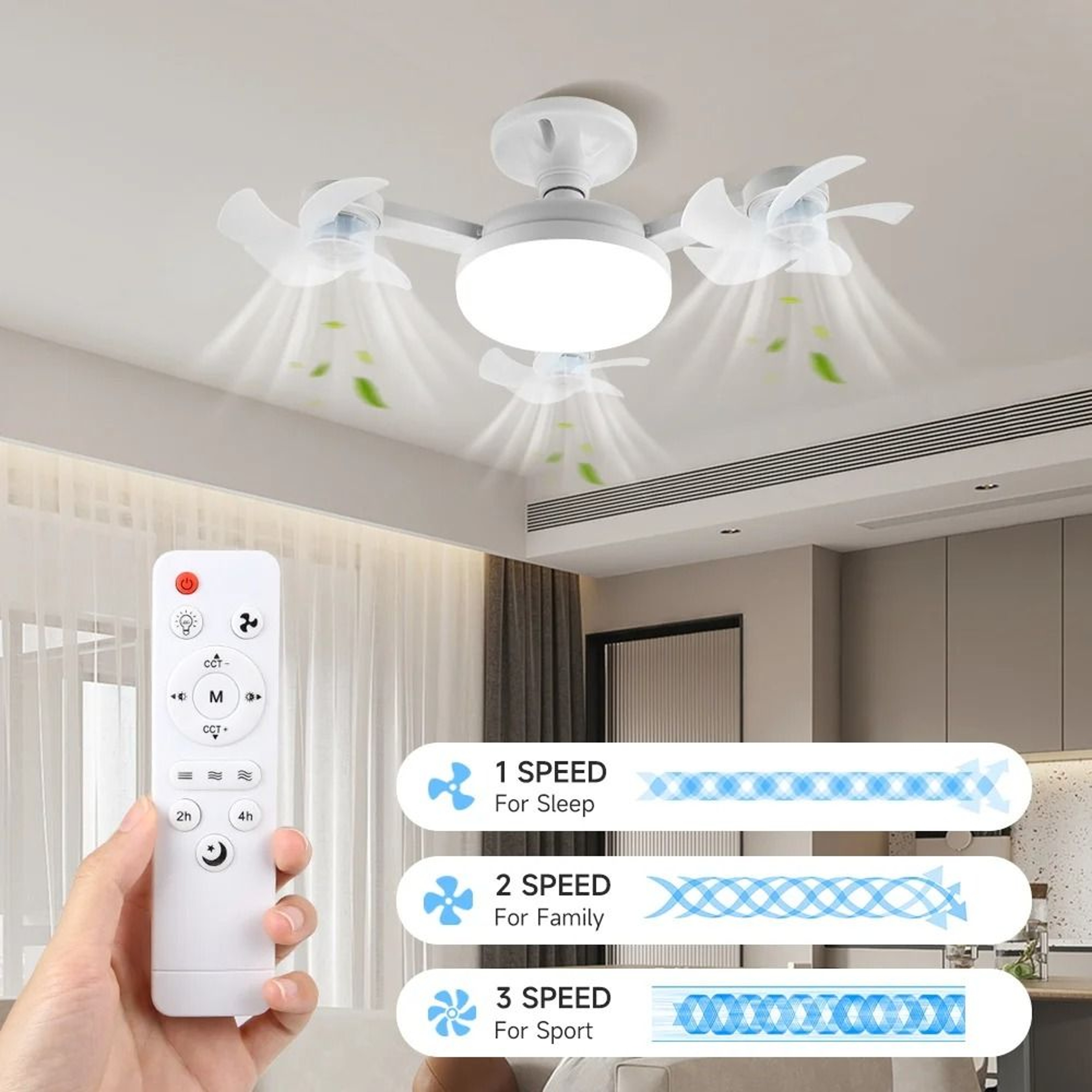Modern MultiHead LED Ceiling Fan  3Speed Silent Remote Control Light Fixture 1
