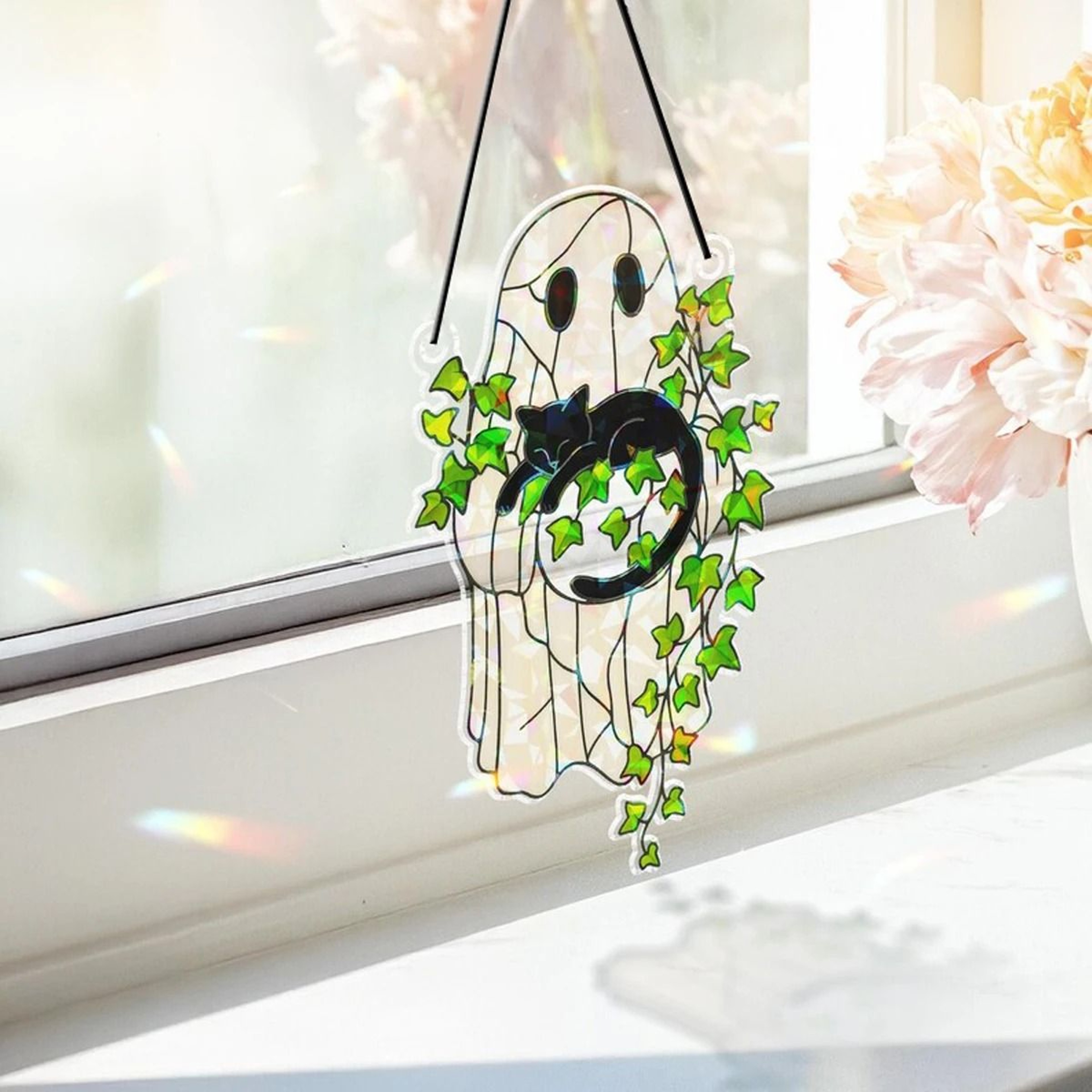Cute Halloween Ghost Suncatcher  Acrylic Ghost Black Cat  Green Leaf Window Hanging Decor For Home  6