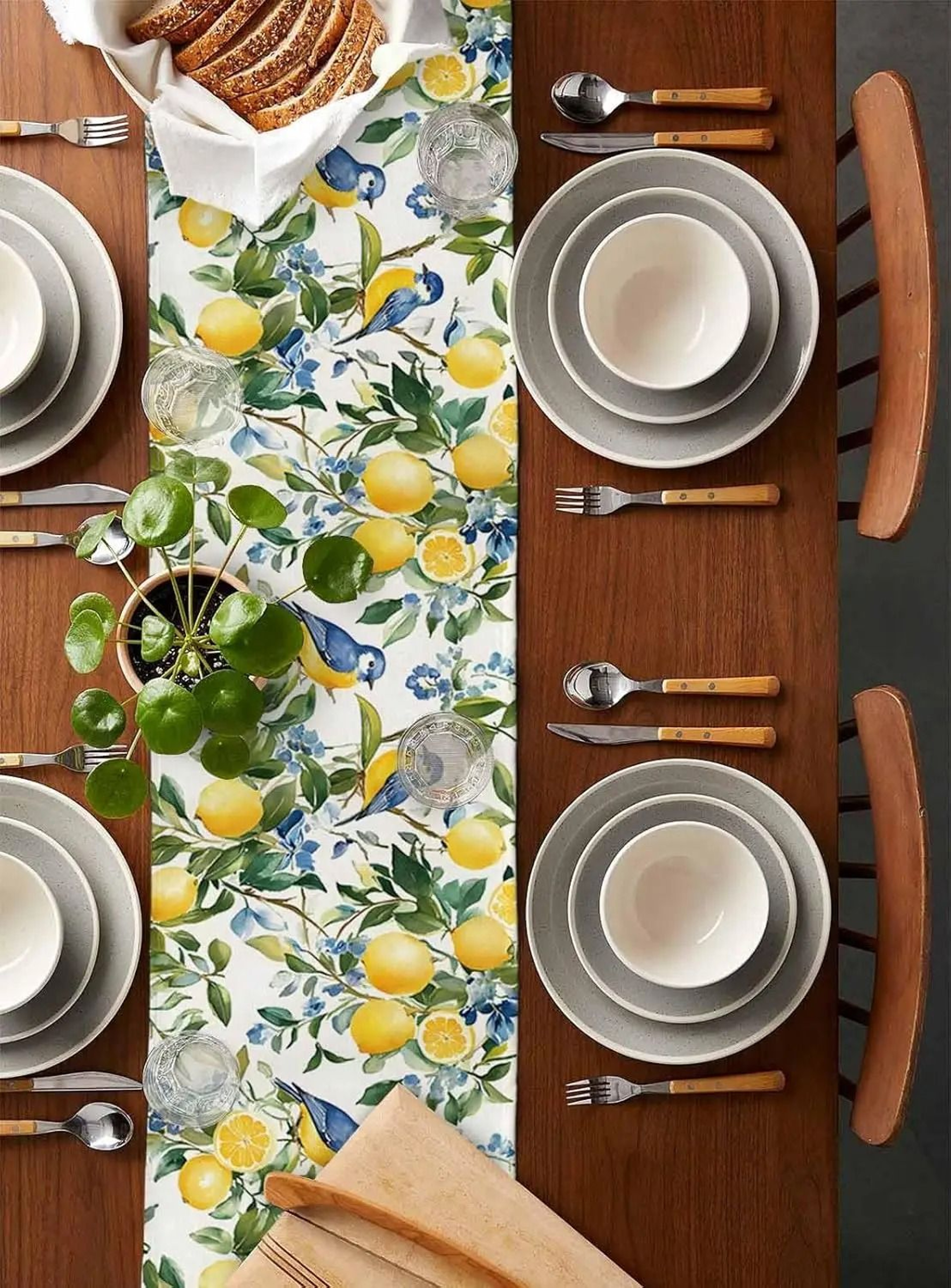 Lemon Tree  Blue Birds Linen Table Runner  Vintage Watercolor Floral Decor For Holiday Parties  Dre 2