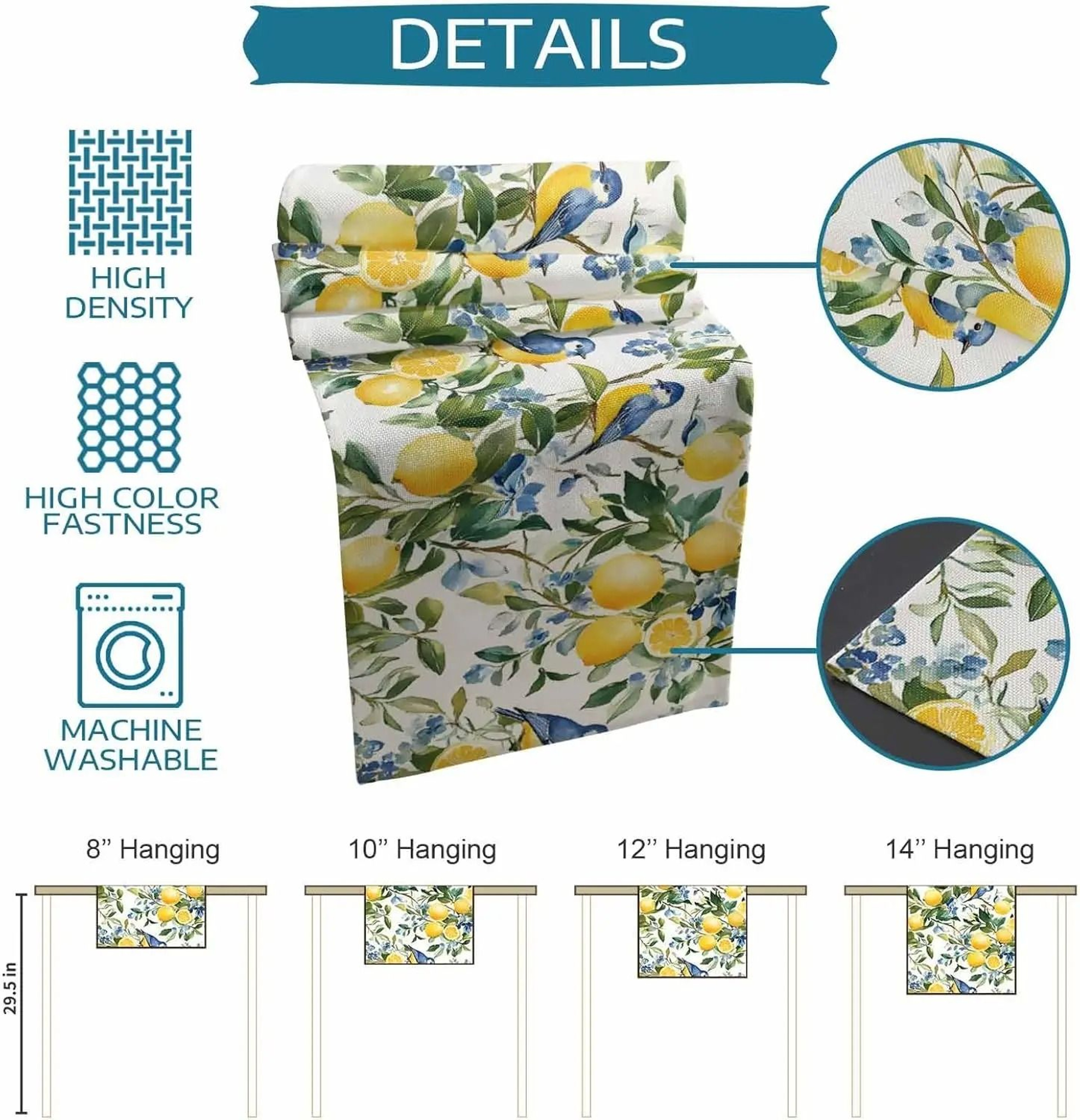 Lemon Tree  Blue Birds Linen Table Runner  Vintage Watercolor Floral Decor For Holiday Parties  Dre 5