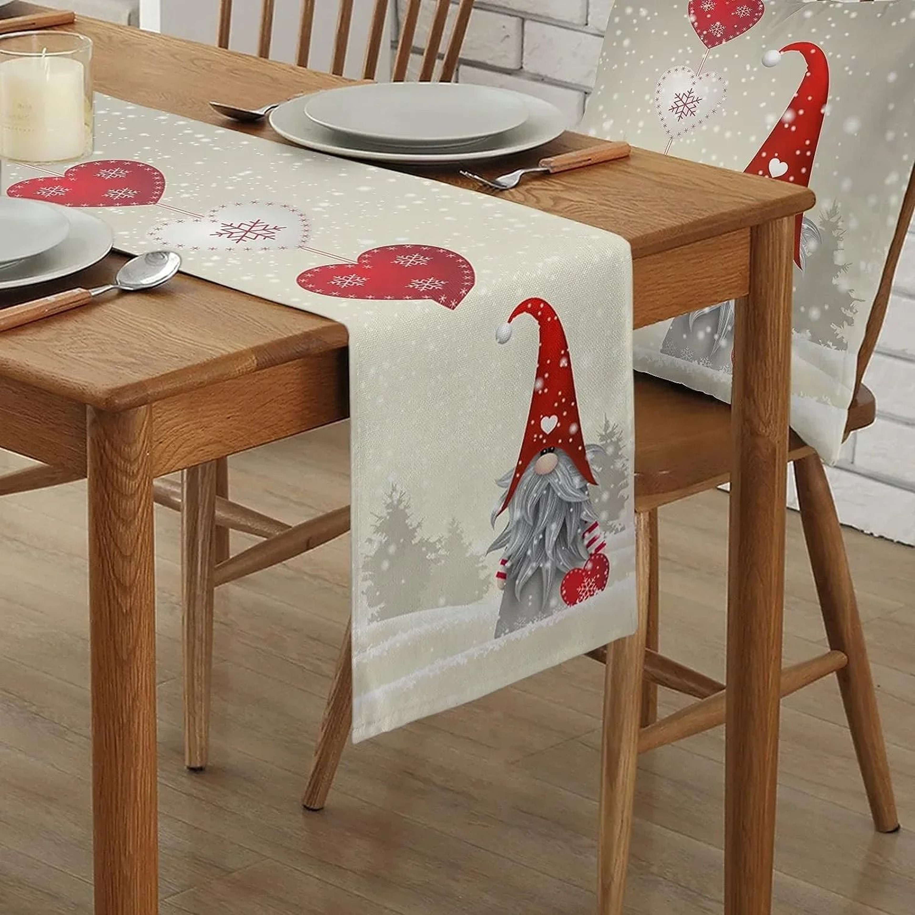 Christmas Gnome  Snowflake Linen Table Runner  Festive Love Heart Decor For Holiday Parties  Dining 1