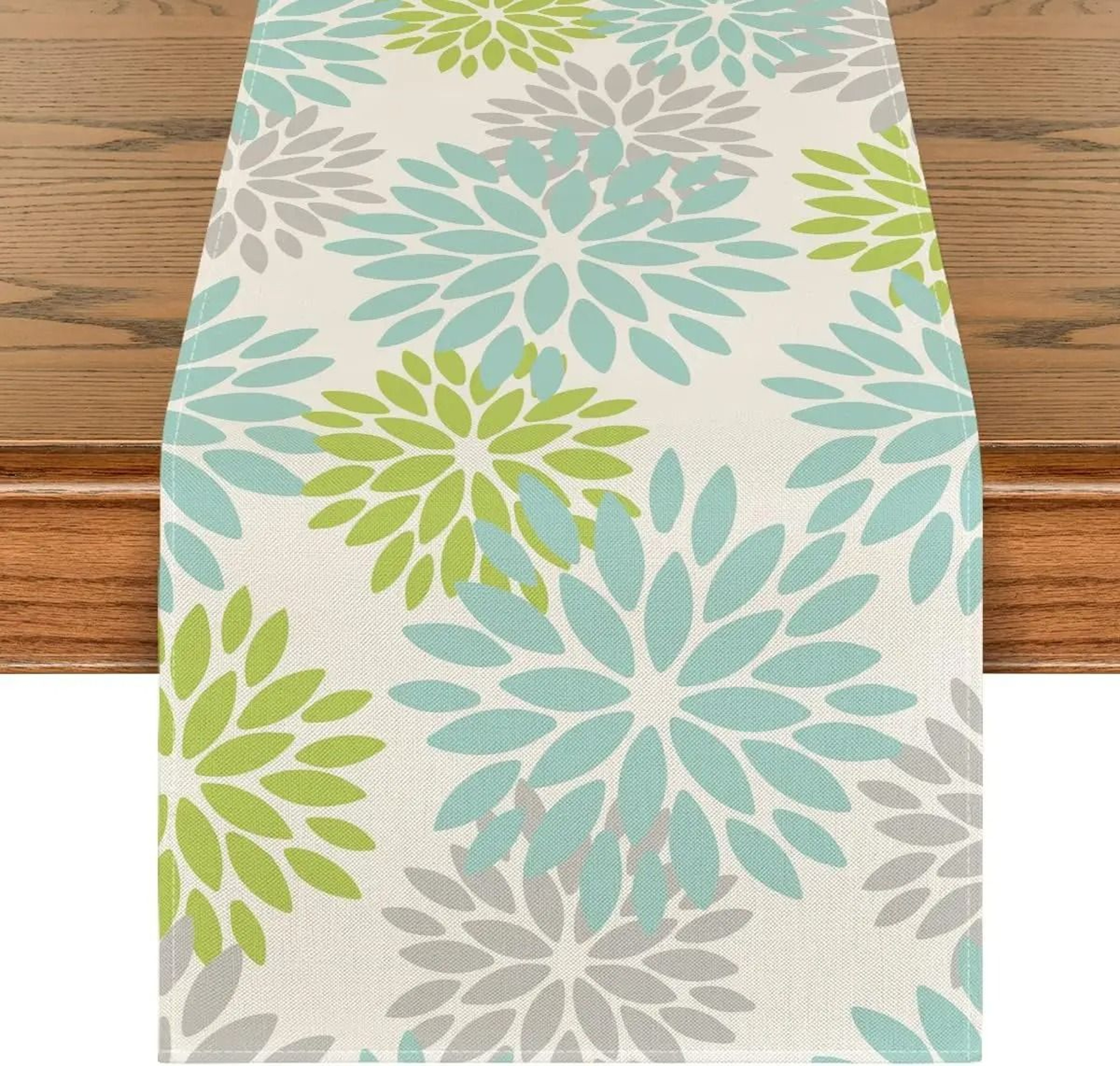 Blue Dahlia Floral Summer Linen Table Runner  Seasonal Spring Dresser Scarf  Wedding Party Dining D 8