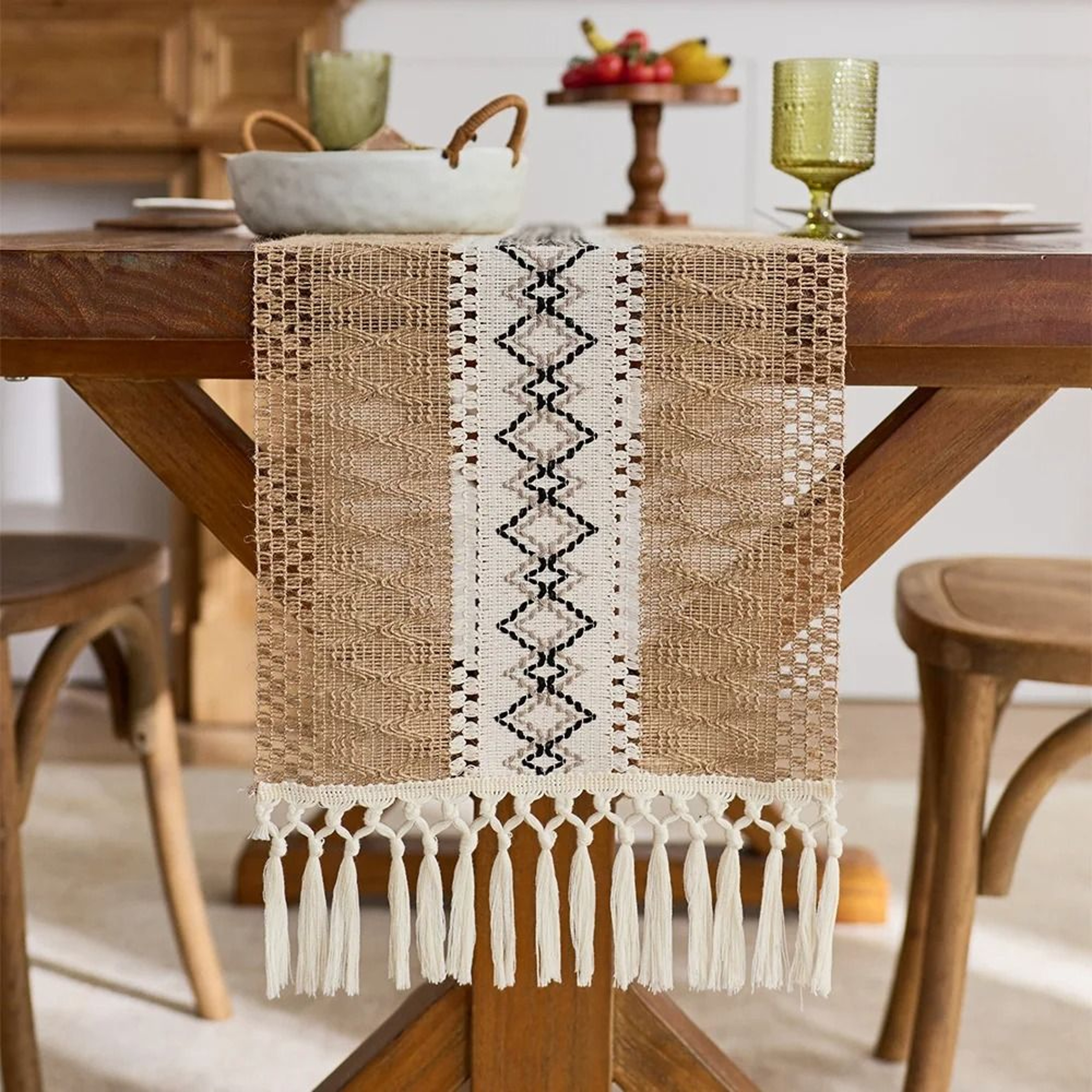 Boho Farmhouse Table Runner  Rustic Brown Macrame  Burlap Table Decoration With Tassels For Living  0